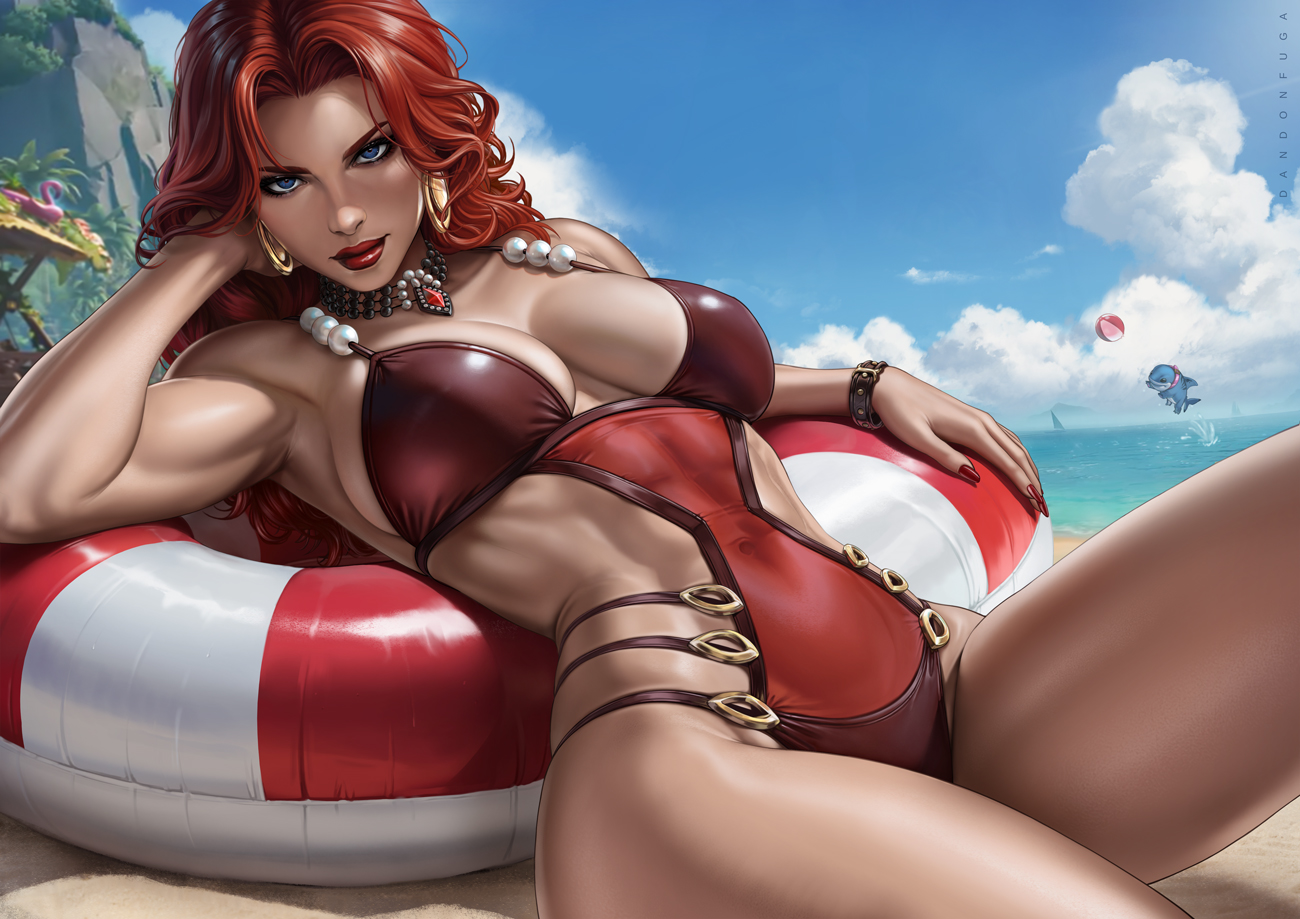 2d, abs, avengers, black bra, black clothes, black panties, black underwear, black widow (aquatic assassin), black widow (marvel rivals), black widow (marvel), bra, breasts, cleavage, clothed, clothing, dandon fuga, female, female only, fully clothed, graffiti, green eyes, large breasts, lingerie, lips, long hair, looking at viewer, marvel, marvel comics, marvel rivals, muscles, muscular, muscular female, natasha romanoff, navel, red hair, smile, solo, thick thighs, thighs, toned