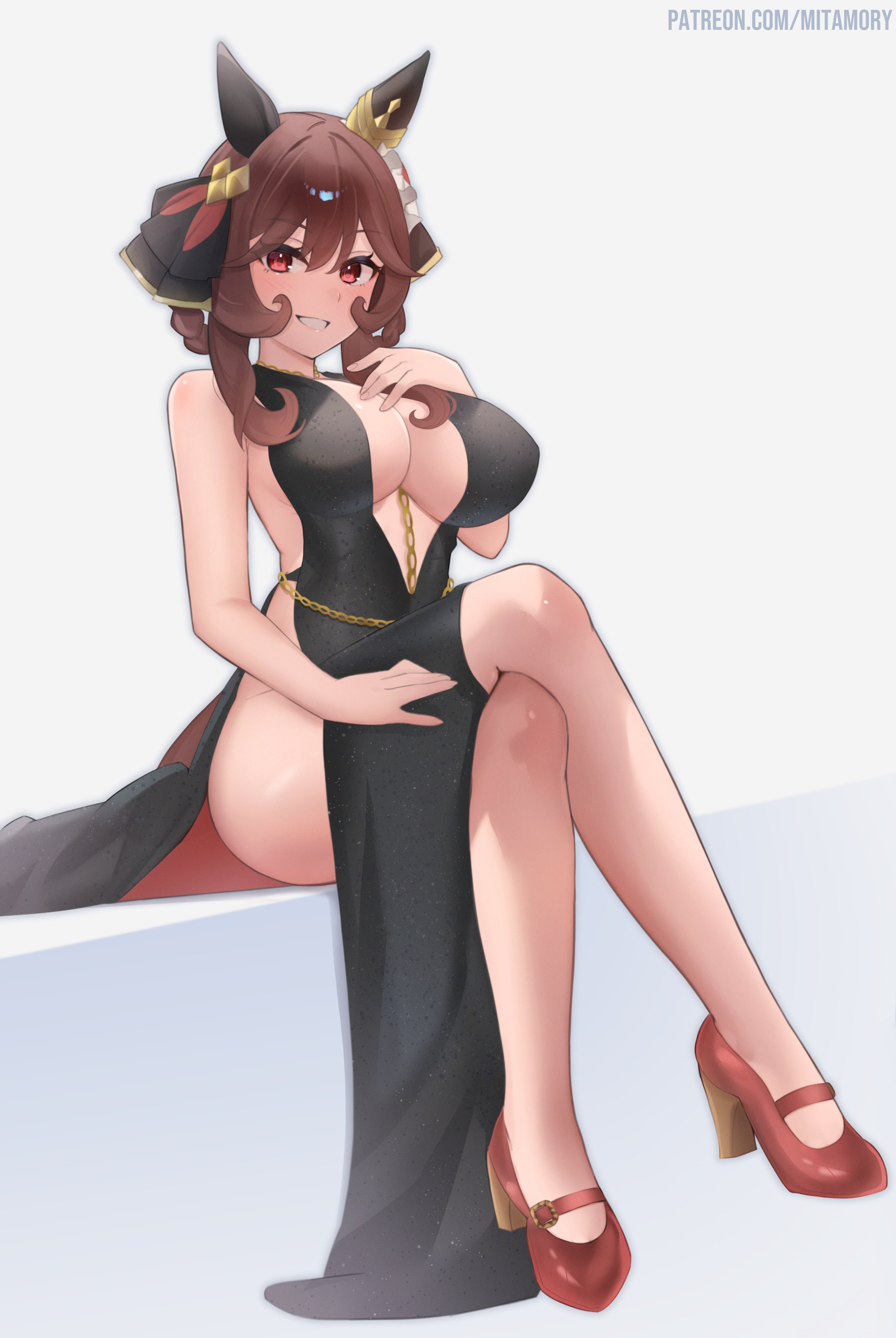 1girl, black dress, brown hair, cleavage, crossed legs, gentildonna (umamusume), high heels, horse ears, horse tail, large breasts, mitamory, red eyes, red shoes, sitting, smile, solo, thighs, umamusume, umamusume pretty derby