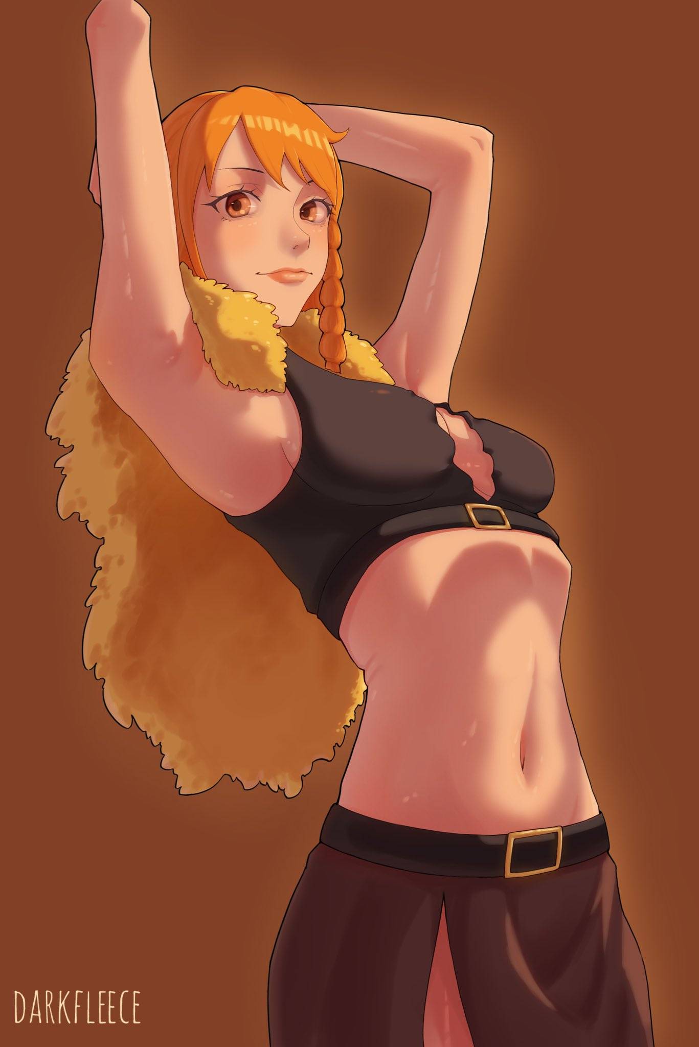 1girls, 2d, 2d (artwork), 2d artwork, adult, adult female, alternate body type, alternate breast size, alternate breast size (smaller), alternative breast size, anime, anime character, arm behind head, armpit, armpit crease, armpit focus, armpit peek, armpits, arms behind head, background, bare armpits, bare arms, bare belly, bare hands, bare midriff, bare navel, bare skin, belly, belly button, bottomwear, breasts, brown background, brown bottomwear, brown skirt, busty, busty female, busty girl, collarbone, color, colored, cowboy shot, darkfleece, digital, digital art, digital drawing, digital drawing (artwork), digital media, digital media (artwork), drawing, elbows, exposed armpits, exposed arms, exposed belly, exposed midriff, exposed navel, exposed skin, eye-level view, eyes, fanart, female, female focus, female only, female protagonist, fit female, from side, ginger, ginger hair, glistening arms, glistening belly, glistening hair, glistening skin, glossy hair, hairless armpits, hand behind head, hands behind head, hips, inaccurate proportions, incorrect body type, inframammary fold, large breasts, lean figure, linea alba, long hair, looking at viewer, lower body out of frame, main character, manga character, mature, mature female, mature woman, midriff, monotone background, nami (one piece), narrow waist, navel, one color background, one piece, one piece: elbaf arc, orange eyebrows, orange eyes, orange hair, orange hair female, orange-eyed female, orange-haired female, plain background, portrait, posing, posing for the viewer, post-timeskip, presenting armpit, protagonist, ribcage, ribs, sfw, shaved armpits, shiny arms, shiny belly, shiny hair, shiny skin, shonen jump, shoulders, shueisha, side view, sideboob, skirt, slender body, slender waist, slim female, slim waist, small breasts, solo, standing, stomach, three quarter view, three-quarter view, toei animation, toned, toned belly, toned body, toned female, top view, upper body, weekly shonen jump, woman