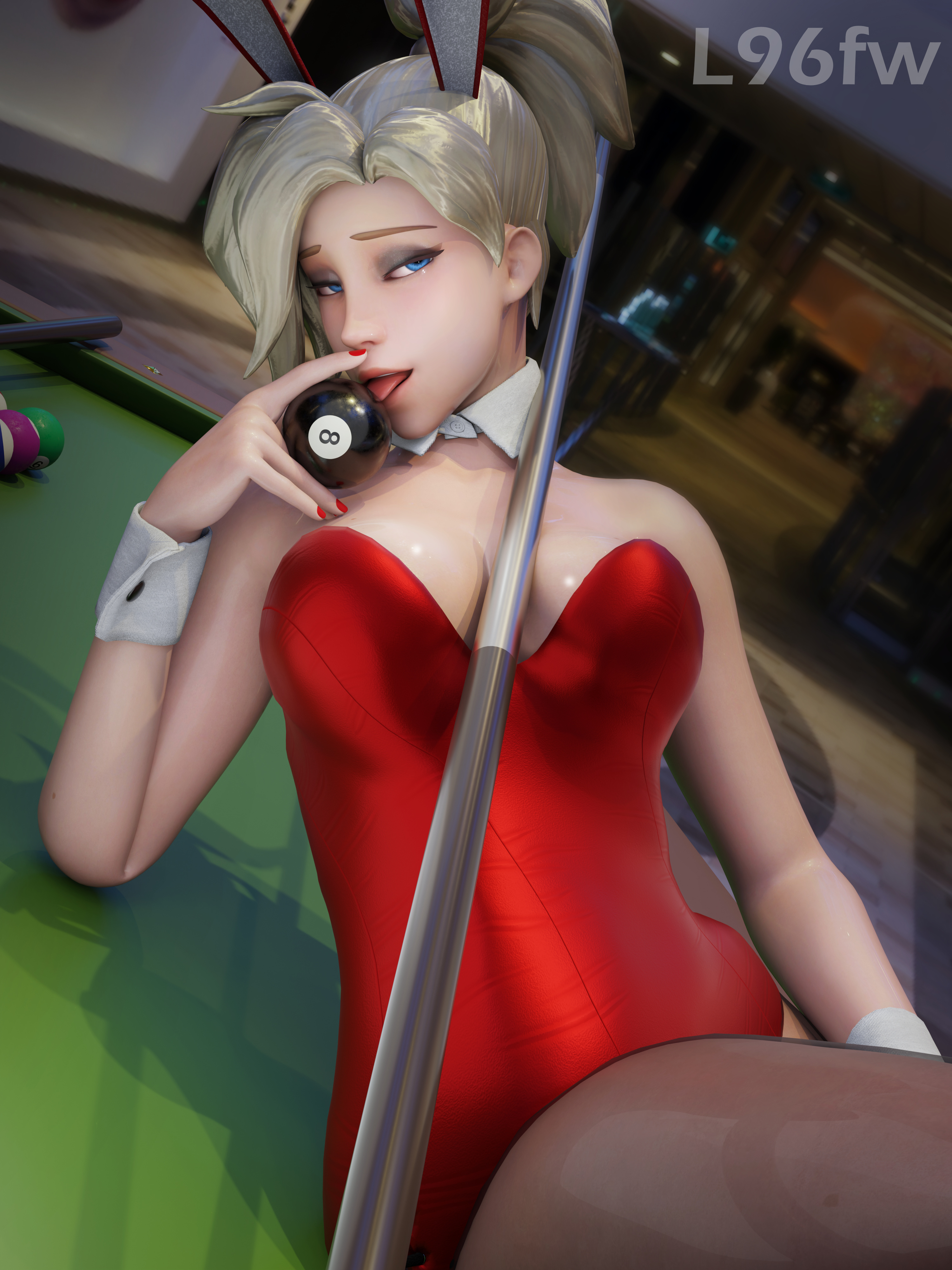 1girls, 3d, big boobs, big breasts, billiard table, black legwear, blonde hair, blue eyes, boobs, breasts, bunny costume, bunny ears, bunny girl, bunnysuit, cue stick, feet, female, female focus, female only, l96fw, looking at viewer, mercy, overwatch, overwatch 2, pantyhose, pool, sexy, sexy body, sexy female, sexy pose, solo, thighs