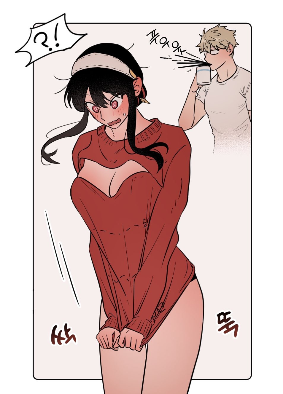?!, ///, 1boy, 1girls, 2d, 2d (artwork), 2d artwork, adoptive father, adoptive mother, adult, adult female, adult male, anime, anime character, anime milf, big boobs, big breasts, black hair, black-haired female, blonde, blonde hair, blonde hair male, blonde male, blue eyes, blue-eyed male, blush face, blush lines, blushing, blushing female, blushing lines, breasts, busty, busty female, busty girl, busty milf, cleavage, cleavage cutout, clothing cutout, cloverworks, color, colored, covering, covering crotch, covering privates, covering pussy, covering self, cowboy shot, curvy milf, digital, digital art, digital drawing, digital drawing (artwork), digital media, digital media (artwork), drawing, earrings, embarrassed, embarrassed expression, embarrassed female, european, european female, european girl, european male, eye-level view, eyes, fanart, female, female focus, female protagonist, fingers, flushed, flushed cheeks, flushed face, flustered, flustered female, from front, front view, hair between eyes, hairband, hand on crotch, hand on own crotch, hand on own pussy, hand on pussy, headwear, hiding pussy, hips, hot milf, housewife, husband, husband and wife, large boobs, large breasts, lean figure, leg out of frame, legs closed, legs out of frame, legs together, loid forger, long hair, looking down, looking shocked, looking surprised, main character, male, male protagonist, man, manga character, married couple, married female, married male, married woman, mature, mature female, mature male, mature woman, milf, mommy, mother, narrow waist, nervous, nervous expression, nervous face, nervous female, open mouth, parted lips, portrait, protagonist, red eyes, red sweater, red topwear, red-eyed female, shocked, shocked expression, shocked eyes, shocked face, shocked female, shocked look, shoked, shonen jump, shoulders, shounen protagonist, shy, shy expression, shy female, shy girl, sidelocks, slender body, slender waist, slim female, slim waist, spy x family, standing, startled, surprised, surprised expression, surprised face, surprised look, surprised reaction, sweater, thighs, thighs together, tongue, top view, topwear, twilight (spy x family), upper body, white hairband, white headwear, wife, wife and husband, wit studio, woman, yor briar, yor forger, young looking female, young milf, young woman and milf