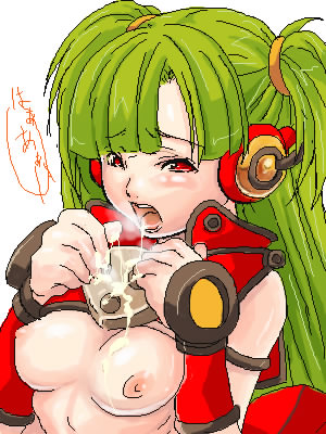 beatmania beatmania_iidx bemani breasts cum cum_in_mouth green_hair hishimiya_tsugaru lowres oekaki