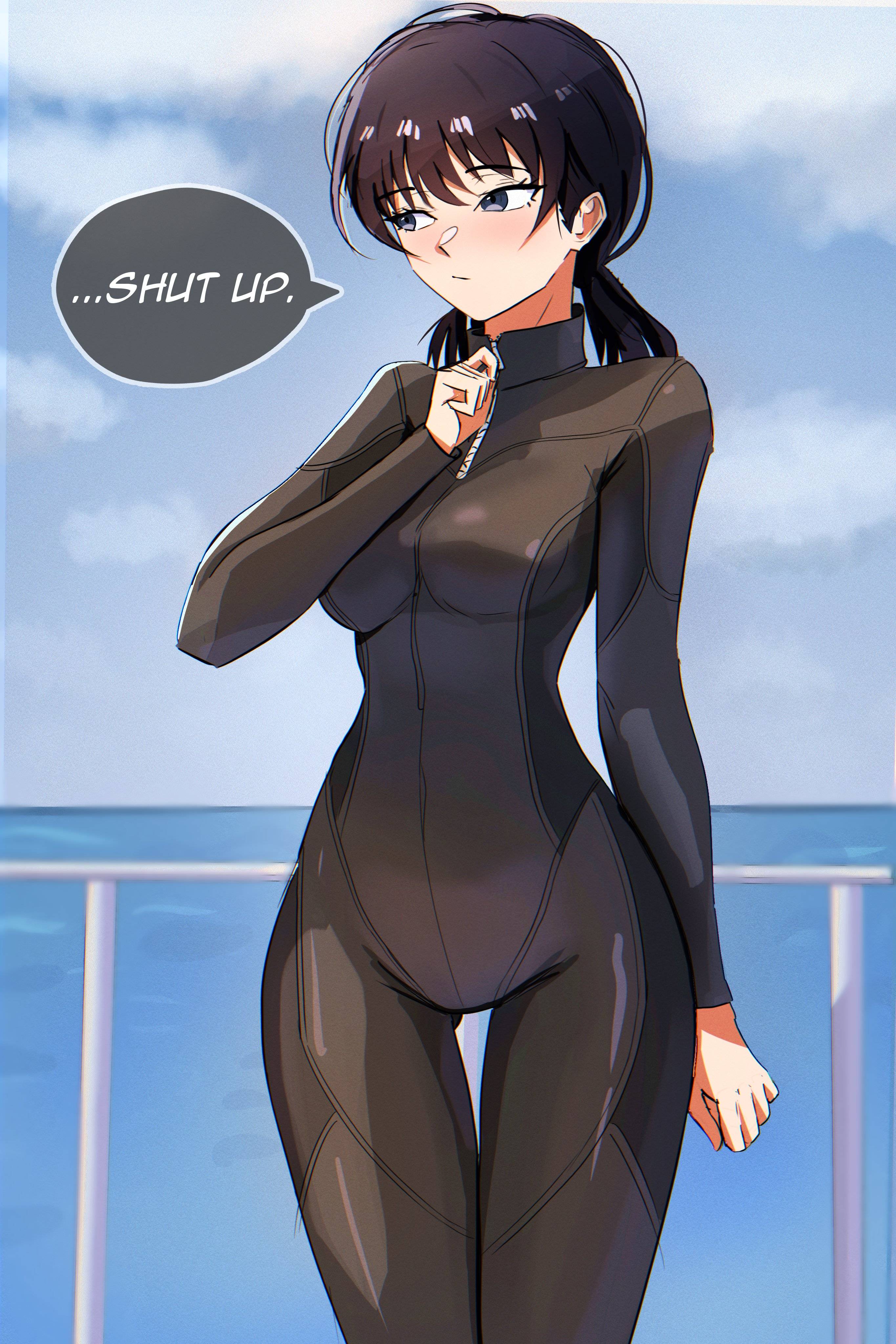 1girls, 2d, 2d (artwork), 2d artwork, alternate body type, alternate breast size, alternate breast size (larger), alternative breast size, asian, asian female, asian girl, black bodysuit, black hair, black-haired female, blue eyes, blue sky, blue sky background, blue-eyed female, bodysuit, breasts, chainsaw man, clouds, color, colored, conversation, cowboy shot, curvaceous, curvaceous body, curvaceous female, curvaceous figure, curvaceous hips, curvaceous teenager, curvy, curvy body, curvy female, curvy figure, curvy hips, curvy teen, day, daylight, daytime, dialogue, dialogue bubble, dialogue bubbles, dialogue speech bubble, digital, digital art, digital drawing, digital drawing (artwork), digital media, digital media (artwork), diving gear, diving suit, drawing, elbows, english, english dialogue, english text, eye-level view, eyes, fanart, female, female focus, female only, female protagonist, femcel, fingers, from front, front view, groin, hair between eyes, head tilt, high school student, hips, hourglass figure, inaccurate proportions, incorrect body type, inframammary fold, inguinal crease, inguinal ligament, japanese, japanese female, japanese girl, jpeg, large breasts, lean figure, long hair, looking sideways, looking to the side, main character, mitaka asa, narrow waist, nervous, nervous expression, nervous face, nervous female, ocean background, outdoor, outdoor background, outdoors, outside, portrait, protagonist, school girl, schoolgirl, scuba suit, sea, sea background, seaside, shonen jump, shoulders, shounen protagonist, shueisha, shy, shy expression, shy female, shy girl, sky, sky background, slender body, slender waist, slim female, slim waist, solo, speaking, speaking to another, speaking to partner, standing, talking, talking to another, talking to partner, teen girl, teenage female, teenage girl, teenager, text, text bubble, thigh gap, thighs, tilted head, top view, twintails, twintails (hairstyle), upper body, weekly shonen jump, wetsuit, wide hips, young female, young woman