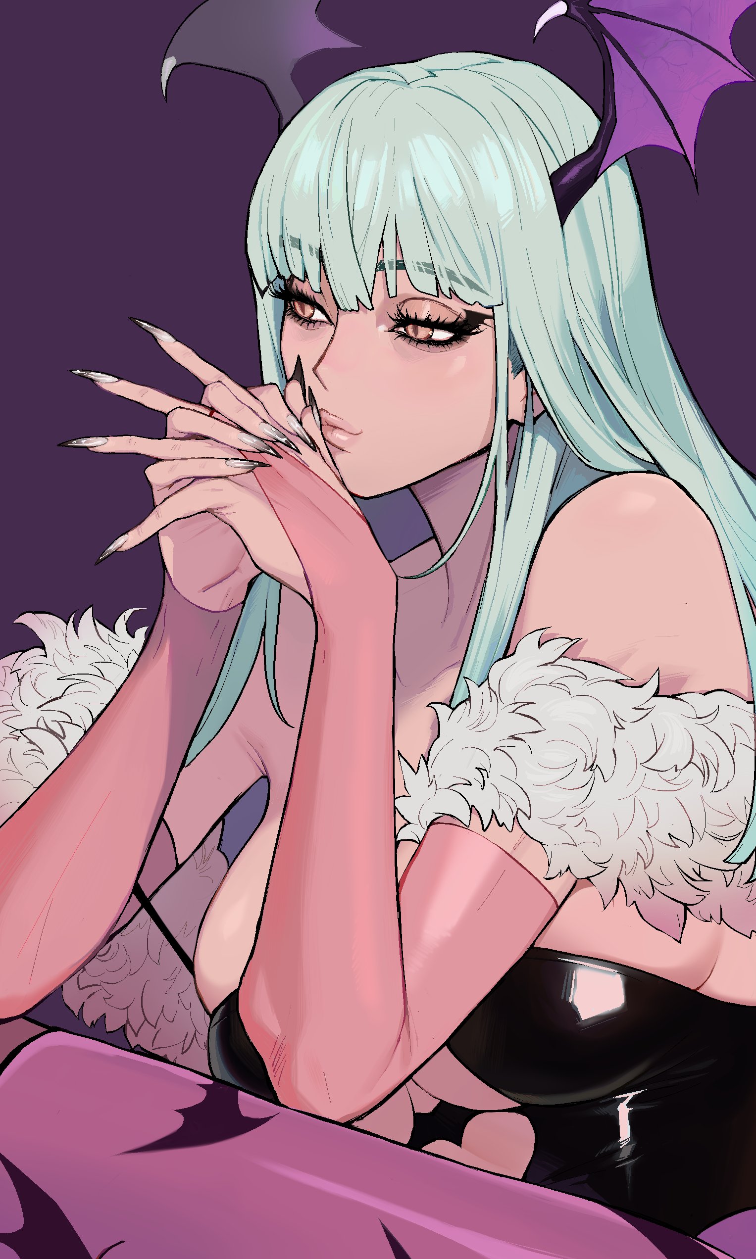 bare shoulders, bat print, big breasts, black leotard, bridal gauntlets, capcom, cat eyes, colored fingernails, darkstalkers, ennuigrl, eyebrows visible through hair, feathers, female, female focus, female only, fingers together, hands together, head wings, heart cutout, heart cutout leotard, hi res, high quality, high resolution, highleg leotard, highres, leotard, long fingernails, long hair, morrigan aensland, pantyhose, print pantyhose, purple pantyhose, sharp fingernails, sitting, solo, solo female, solo focus, succubus, succubus wings, teal eyes, teal hair, vampire (game), vampire savior, wings on head