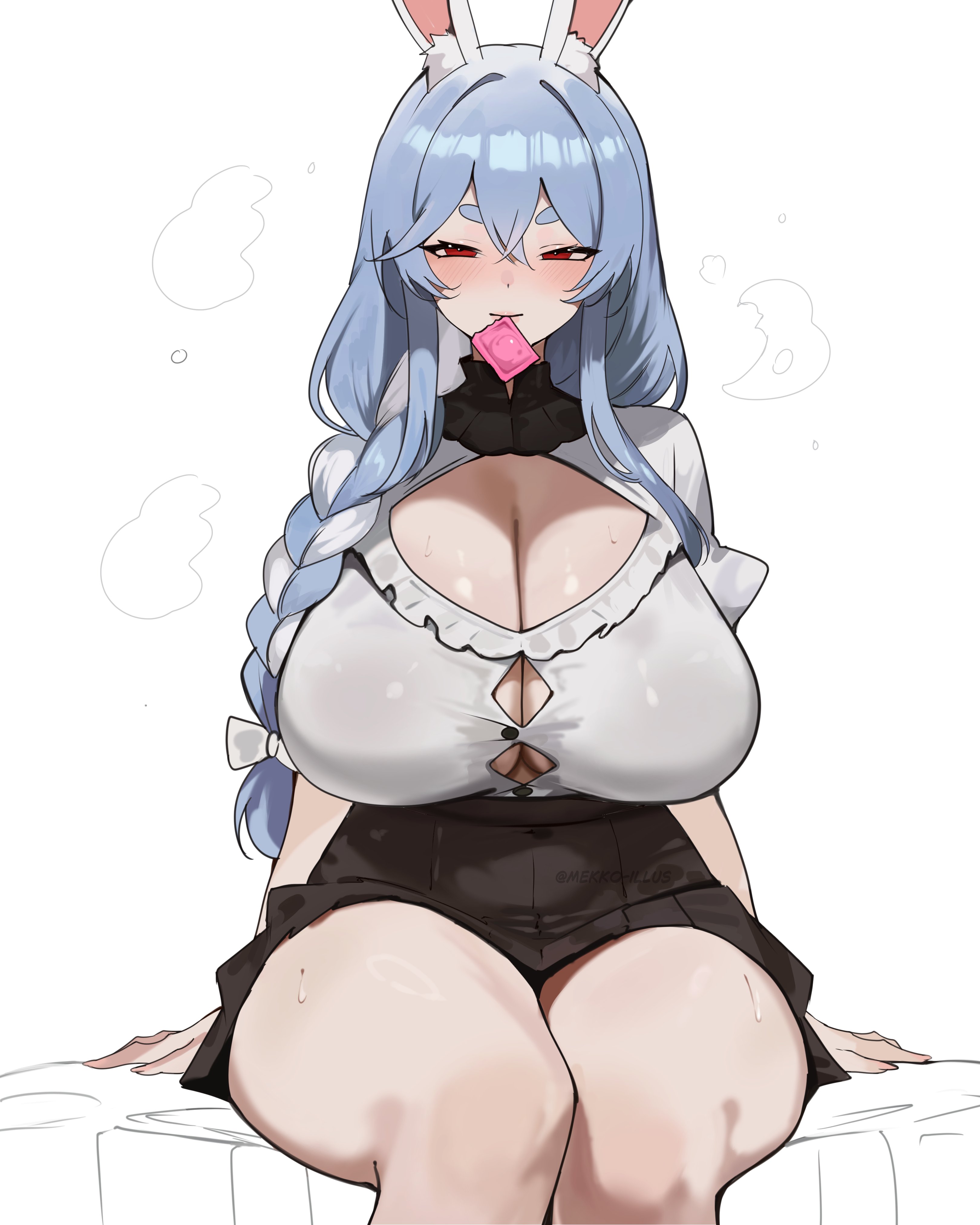 1girl, absurdres, animal ear fluff, animal ears, arm support, arms behind back, artist name, black skirt, blue hair, blush, bow, braid, breasts, bursting breasts, button gap, cleavage, cleavage cutout, clothing cutout, condom, condom in mouth, condom wrapper, crossed bangs, double-parted bangs, eyelashes, frilled shirt, frills, hair between eyes, hair bow, hair over shoulder, half-closed eyes, high-waist skirt, highres, hololive, huge breasts, long hair, looking at viewer, mature female, meeko illus, mouth hold, multicolored hair, on bed, pekomama, pleated skirt, rabbit ears, rabbit girl, red eyes, shirt, short eyebrows, short sleeves, simple background, sitting, skirt, smile, sweat, thick eyebrows, thighs, twitter username, two-tone hair, virtual youtuber, white background, white bow, white hair, white shirt