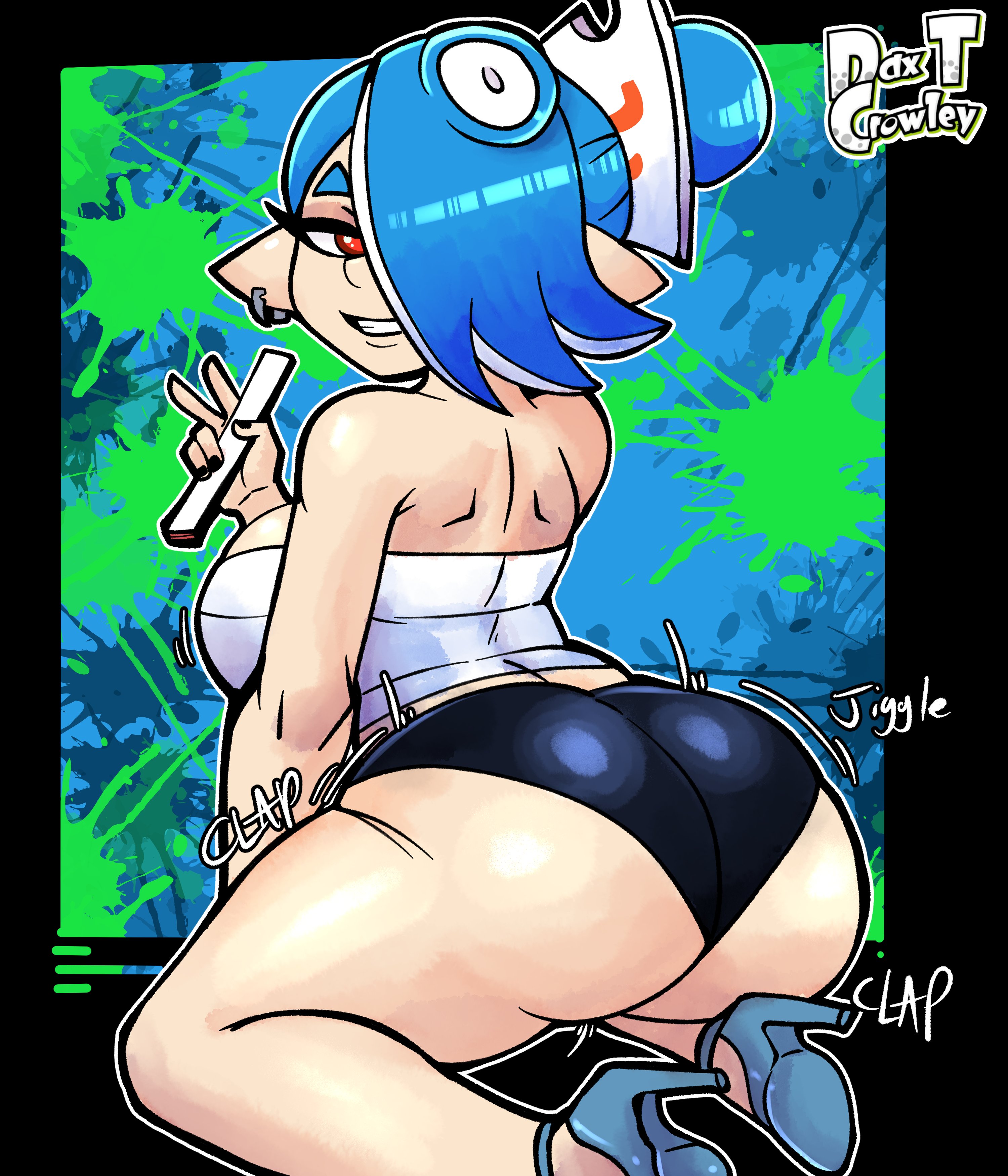 1girls, artist name, ass, ass clapping, ass shake, back, back view, backboob, big ass, big breasts, black shorts, blue hair, bottomwear, bouncing ass, breasts, bubble ass, bubble butt, clothing, crop top, ear piercing, earrings, female, female only, folding fan, footwear, hair, hair over one eye, half-closed eyes, headwear, heels, high heels, holding object, huge ass, huge breasts, looking back, nintendo, onomatopoeia, pointy ears, red eyes, rose dax, shiver (splatoon), shorts, solo, solo female, splatoon, topwear, twerking