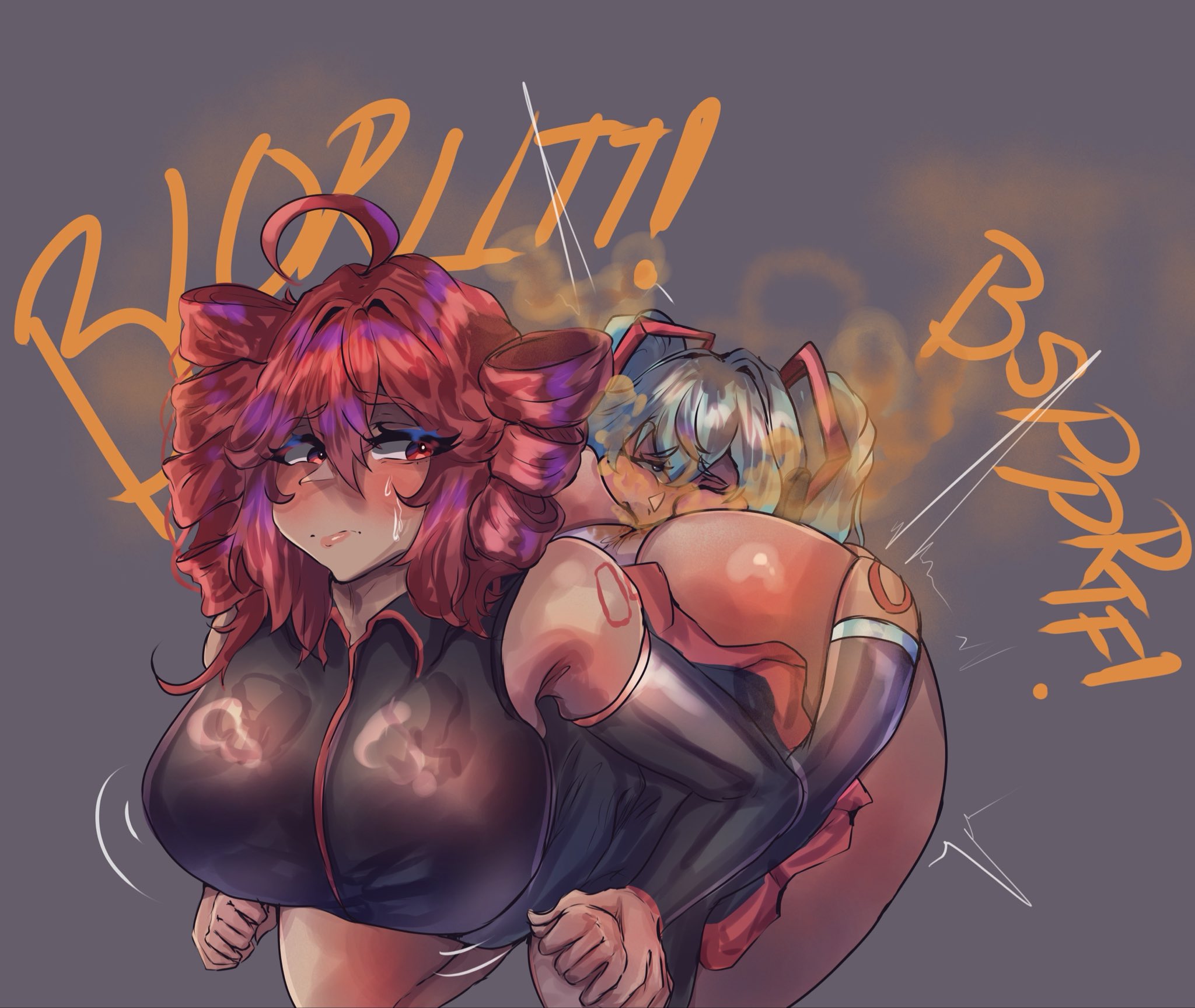 2girls, against wall, ass bigger than head, big ass, big breasts, color, face in ass, facefart, facesitting, fart, fart cloud, farting in face, farting in mouth, female, female only, femdom, femsub, hatsune miku, kasane teto, melonarts2 (artist), onomatopoeia, restrained, restrained arms, swallowing fart, sweat, tagme, utau, vocaloid, yuri