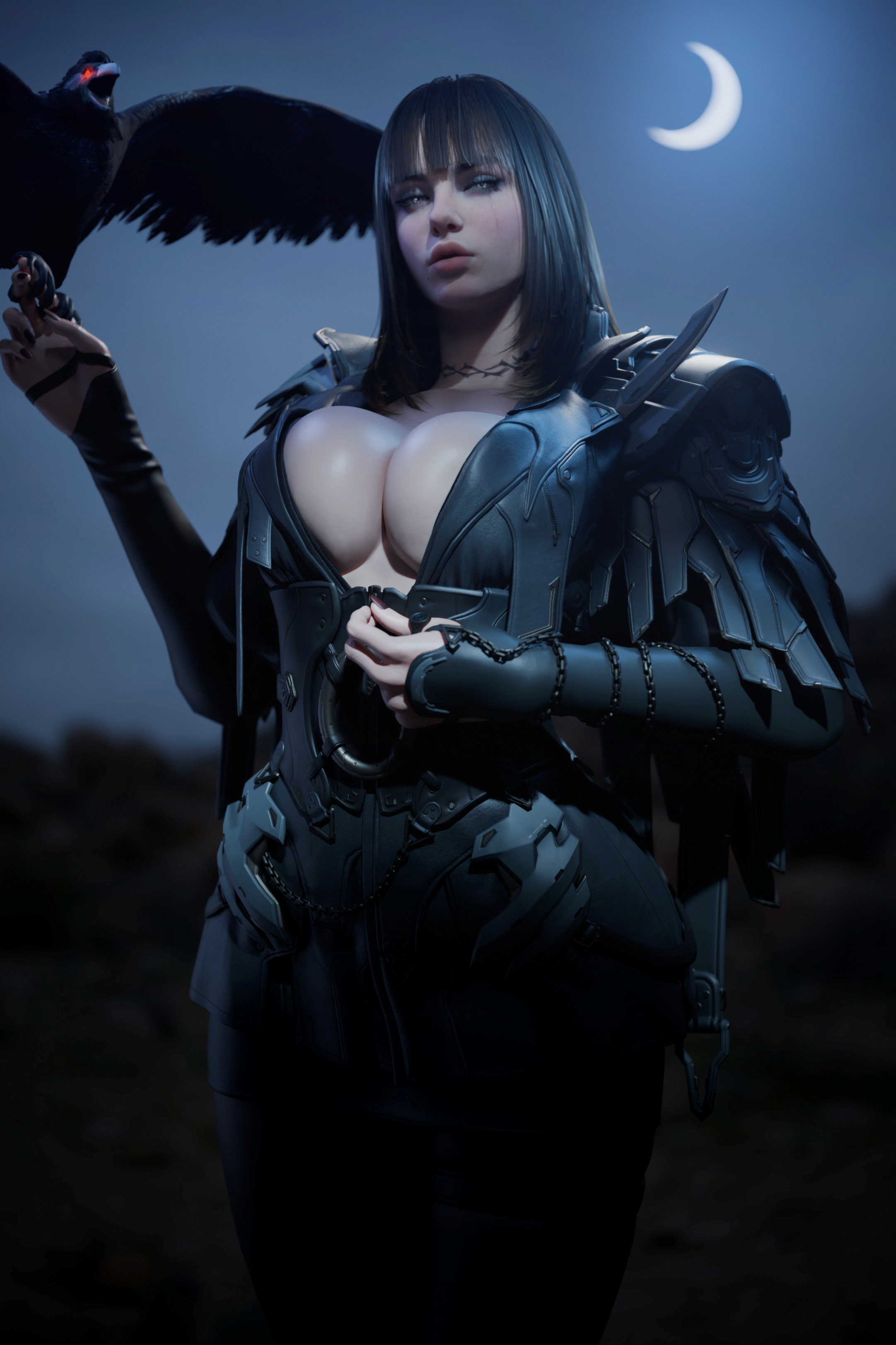 1girls, 2026, 3d, batesz, big breasts, bird, black clothing, black hair, blender, breasts, character request, clothed, come hither, crescent moon, crow, eyeshadow, female, female focus, female only, goth, goth girl, gothic, hi res, inviting, large breasts, light skin, light-skinned female, long hair, looking at viewer, moon, moonlight, night, outdoors, pale skin, pale-skinned female, shadow, standing, the first descendant
