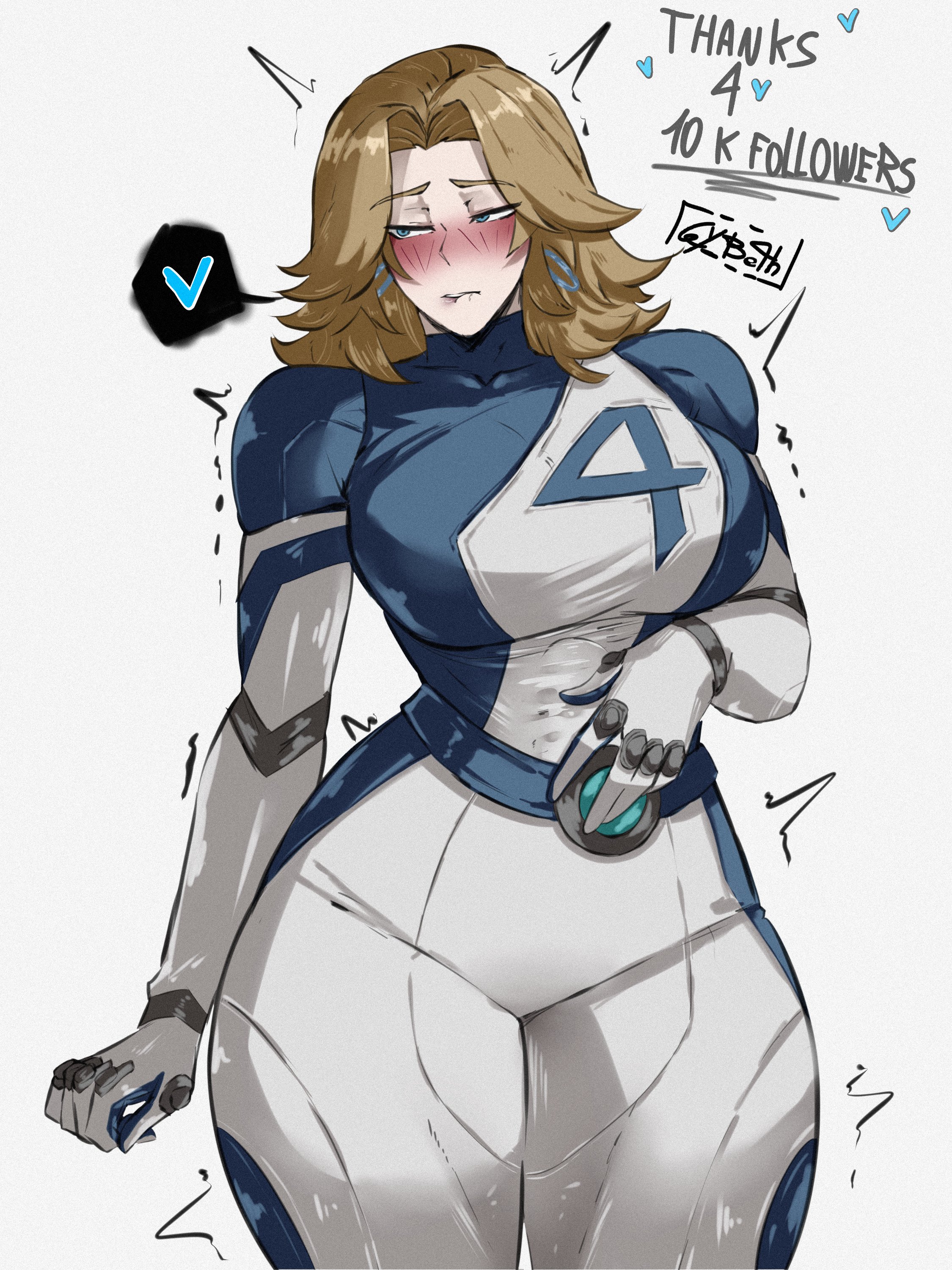 1girls, 2d, big ass, big breasts, blonde hair, blush, clothed, embarrassed, fantastic four, female, female only, fully clothed, gybeth, heart, invisible woman, invisible woman (marvel rivals), marvel, marvel rivals, milestone celebration, milf, skin tight, skindentation, solo, sue storm, thick thighs