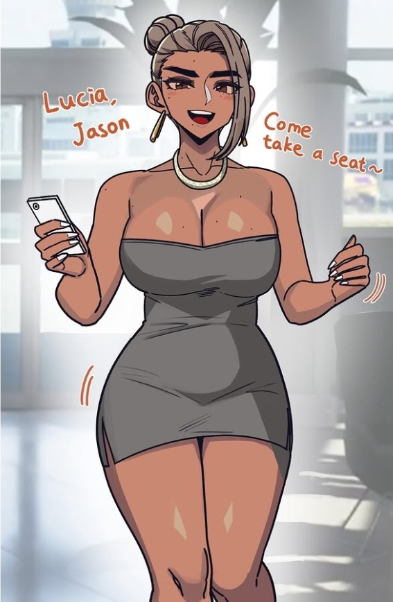 1girls, 2026, 2d, beautiful woman, better version at source, cleavage, dark skin, dark-skinned female, dress, english dialogue, english text, female, female only, fringe, grand theft auto, grand theft auto vi, grey clothing, grey dress, hair bun, holding object, holding phone, huge breasts, instagram link, looking at viewer, mature woman, new character, pencil dress, phone, powtaytow3333, rockstar games, silver nail polish, silver nails, strapless, strapless dress, thighs, unknown character, valentina, video game character, video games, wide hips
