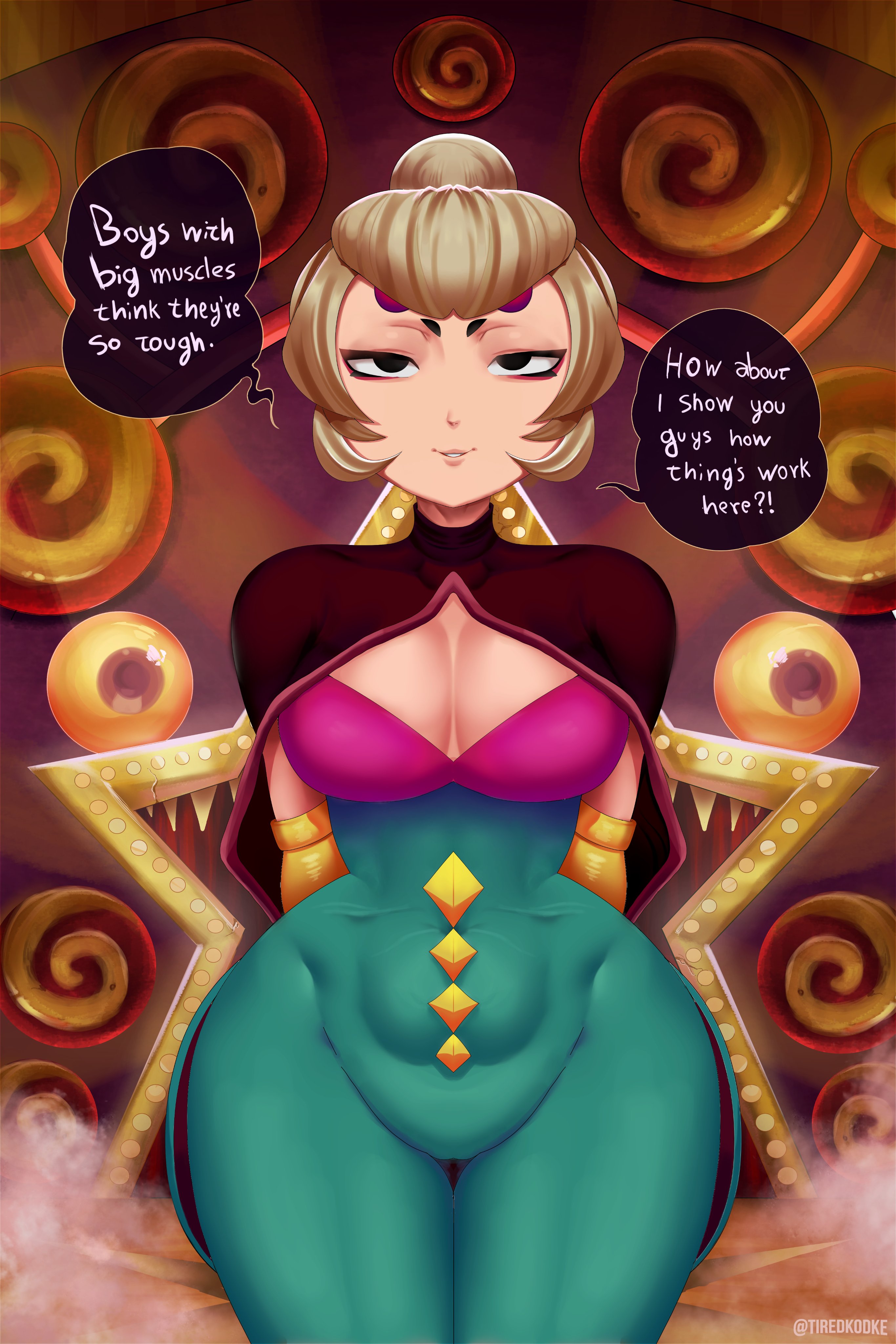 1girls, artist name, artist signature, belly, belly button, big breasts, black eyes, blonde female, blonde hair, bodysuit, bottomwear, brawl stars, breasts, cameltoe, cape, charlie (brawl stars), clothed, clothed female, elbow gloves, english text, eyelashes, female, female focus, female only, gloves, hair bun, hand behind back, imminent sex, jpeg, kodke, leotard, light skin, light-skinned female, long gloves, looking at viewer, makeup, navel, navel visible through clothes, red topwear, skintight, skintight bodysuit, slim waist, solo, solo female, steam, stomach, text, text bubble, thick thighs, topwear, typo, waist, wide hips, yellow gloves