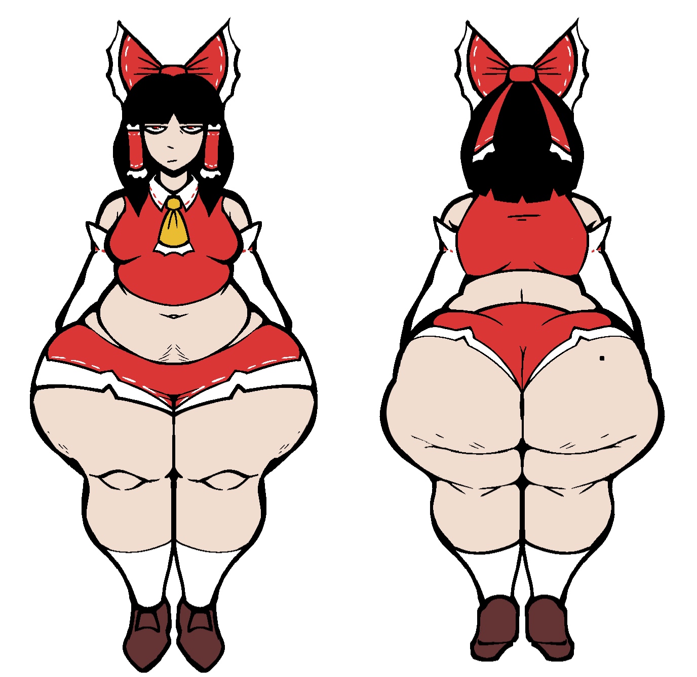 1girls, 2026, 2d, 2d (artwork), ass, belly, big ass, black hair, bottom heavy, breasts, color, colored, digital drawing (artwork), digital media (artwork), fat ass, female, female only, frilled bow, frilled hair tubes, front and back, fully clothed, gluteal fold, hair bow, hair tubes, happy trail, light skin, light-skinned female, mole, mole on ass, mole on butt, nanodude78, red bow, red clothing, reimu hakurei, standing, thick ass, thick thighs, thighs, touhou, white background, wide hipped female, wide hips