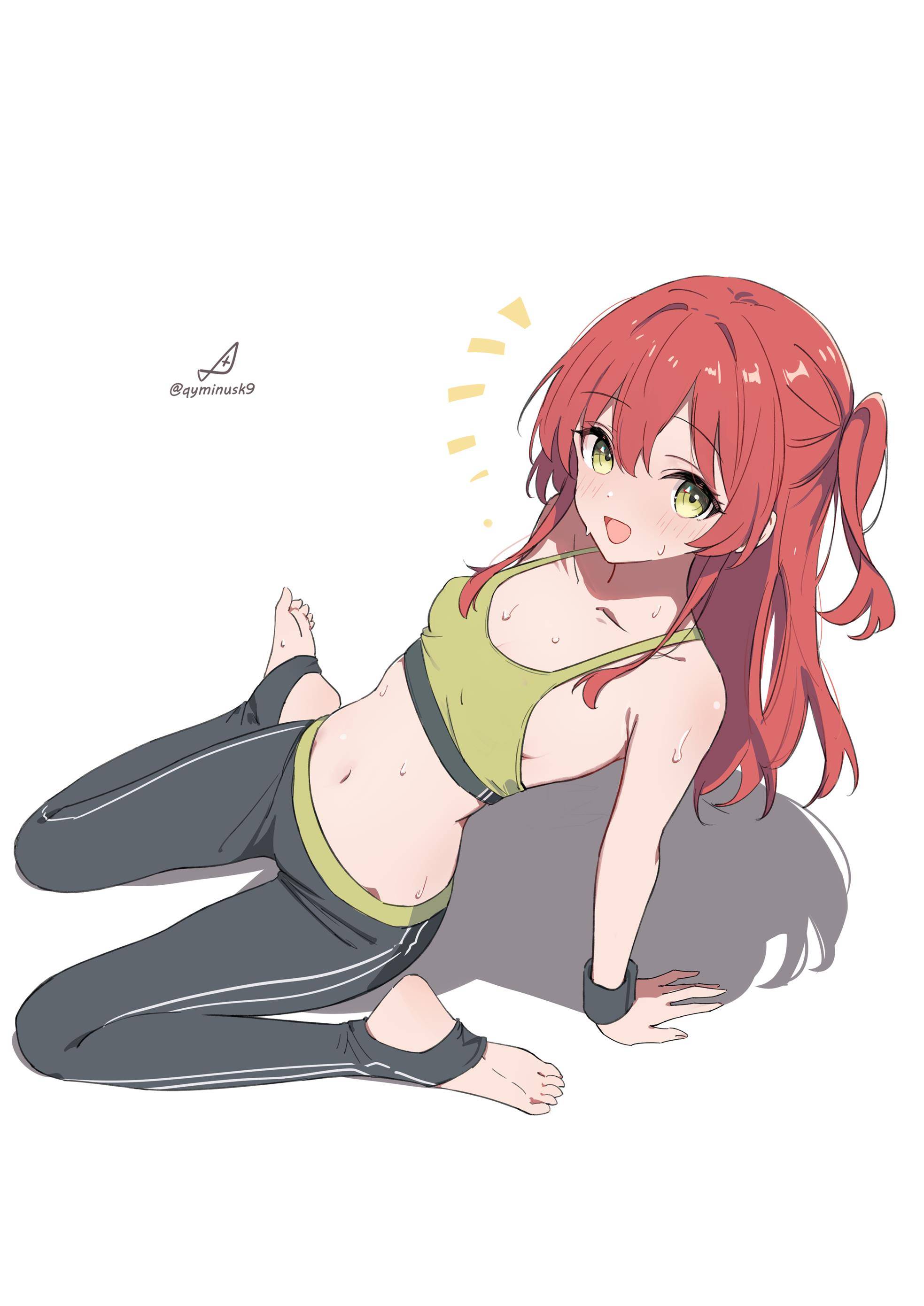 1girls, 2d, 2d (artwork), 2d artwork, above view, anime, anime character, arm support, asian, asian female, asian girl, background, bare armpits, bare arms, bare belly, bare hands, bare midriff, bare navel, bare shoulders, bare skin, belly, belly button, black pants, blank background, bocchi the rock!, body sweat, bra, breasts, calves, cloverworks, collarbone, color, colored, digital, digital art, digital drawing, digital drawing (artwork), digital media, digital media (artwork), dot nose, drawing, exercise, exercising, exposed armpits, exposed arms, exposed belly, exposed midriff, exposed navel, exposed shoulders, exposed skin, eyebrows visible through hair, fanart, feet, female, female focus, female only, female protagonist, fingernails, fingers, from above, from above view, from side, full body, full body view, glistening hair, glossy hair, green bra, green eyes, green underwear, green-eyed female, groin, hair between eyes, head tilt, high angle, high angle view, high school student, high-angle shot, high-angle view, hips, inframammary fold, japanese, japanese female, japanese girl, kita ikuyo, knees, lean figure, legs, legs folded, long hair, looking at viewer, looking up, looking up at viewer, main character, manga character, midriff, monotone background, narrow waist, navel, nipple bulge, one color background, one side up, open mouth, open mouth smile, pants, parted lips, petite, petite body, petite breasts, petite female, petite girl, petite tits, plain background, portrait, posing, posing for the viewer, posing naked, posing nude, protagonist, qyminusk9, red hair, red-haired female, redhead, redhead female, school girl, seiza, shiny hair, shoulders, side view, sitting, sitting on floor, sitting on ground, sitting on knees, sitting on leg, slender body, slender waist, slim female, slim waist, small boobs, small breasts, small tits, smile, smiley face, smiling, smiling at viewer, soles, solid color background, solo, sports bra, sports underwear, stirrup leggings, stirrup legwear, sweat, sweat on body, sweat on breasts, sweat on face, sweatdrop, sweating, sweaty, sweaty arms, sweaty body, sweaty breasts, sweaty chest, sweaty face, sweaty feet, sweaty female, sweaty foot, sweaty skin, teen girl, teenage girl, teenager, thighs, three quarter view, three-quarter view, tilted head, tiny breasts, tiny tits, toes, tongue, underwear, wariza, white background, yoga pants, young female, young woman