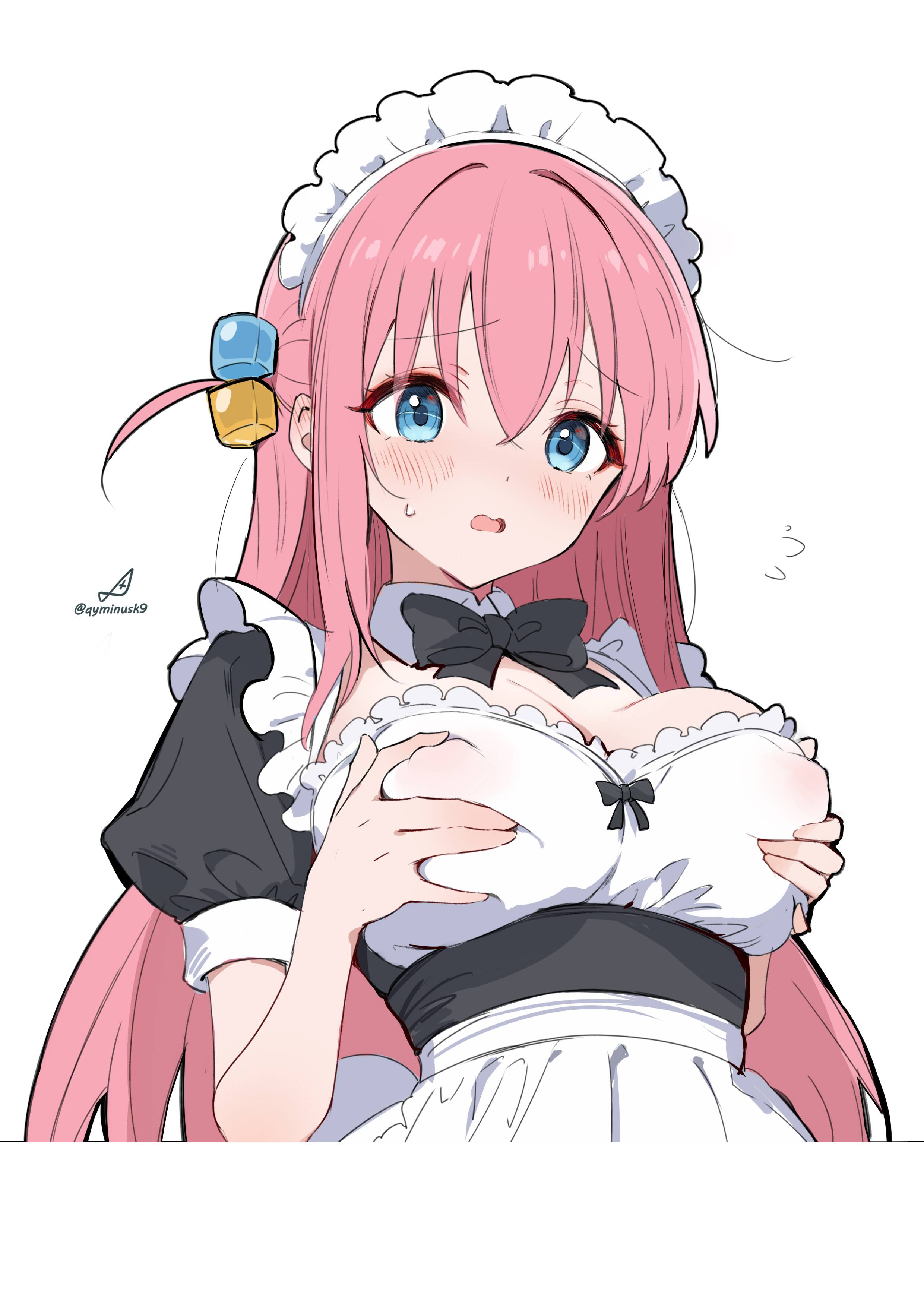 ///, 1girls, 2d, 2d (artwork), 2d artwork, anime, anime character, apron, asian, asian female, asian girl, background, below view, big boobs, big breasts, black bowtie, blank background, blue eyes, blue-eyed female, blush face, blush lines, blushing, blushing at viewer, blushing female, blushing lines, bocchi the rock!, boob grab, bowtie, breast grab, breast hold, breasts, busty, busty female, busty girl, busty teen, busty teenager, caressing breasts, cleavage, cloverworks, collar, color, colored, digital, digital art, digital drawing, digital drawing (artwork), digital media, digital media (artwork), double breast grab, down angle, drawing, elbows, embarrassed, embarrassed expression, embarrassed female, eyebrows visible through hair, eyes, fanart, female, female focus, female only, female protagonist, fingers, flushed, flushed cheeks, flushed face, flustered, flustered female, fondling, fondling breasts, fondling own breast, fondling self, from below, from below view, from front, front view, gotou hitori, grabbing breast, grabbing breasts, grabbing own breast, grabbing own breasts, grabbing tits, grope, groping, groping breast, groping breasts, groping chest, groping own breast, groping own breasts, groping self, guitarist, hair between eyes, hair intakes, hair ornament, hand on breast, hand on chest, hand on own breast, hand on own chest, hands on breasts, hands on chest, hands on own breasts, hands on own chest, high school student, japanese, japanese female, japanese girl, large boobs, large breasts, lean figure, long hair, looking at viewer, low angle, low angle view, low-angle shot, low-angle view, lower body out of frame, maid, maid apron, maid cap, maid dress, maid headdress, maid outfit, maid uniform, main character, manga character, monotone background, narrow waist, nervous, nervous expression, nervous face, nervous female, nipple bulge, one color background, open mouth, parted lips, pink hair, pink-haired female, plain background, portrait, protagonist, questionable, qyminusk9, school girl, self fondle, self grope, sfw, shoulders, shy, shy expression, shy female, shy girl, sidelocks, slender body, slender waist, slim female, slim waist, solid color background, solo, standing, teen girl, teenage female, teenage girl, teenage tits, teenager, tongue, top view, touching breast, touching breasts, touching chest, touching own breast, touching own breasts, touching own chest, under view, upper body, white apron, white background, white collar, young female, young woman