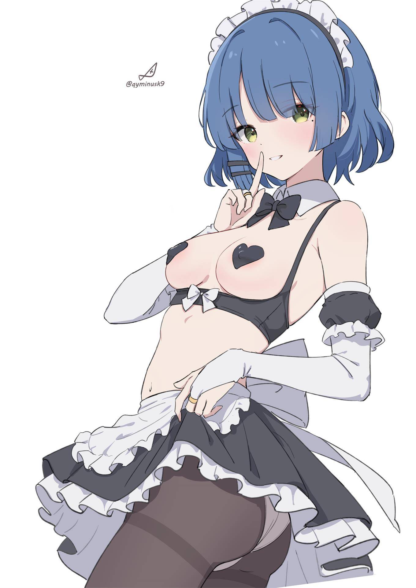 1girls, 2d, 2d (artwork), 2d artwork, anime, anime character, areola slip, areolae slip, armwear, asian, asian female, asian girl, ass, average breasts, background, belly, belly button, black pasties, blank background, blue hair, blue-haired female, bocchi the rock!, bottomwear, bottomwear aside, bottomwear lift, breasts, breasts apart, cloverworks, color, colored, digital, digital art, digital drawing, digital drawing (artwork), digital media, digital media (artwork), drawing, elbows, erect nipples under pasties, exposed, eye-level view, eyebrows visible through hair, fanart, female, female focus, female only, female protagonist, fingers, frilled armwear, from side, gesturing at viewer, green eyes, green-eyed female, hair clip, hair clips, hairclip, hairclips, half naked, half nude, head tilt, heart pasties, heart-shaped pasties, high school student, inframammary fold, japanese, japanese female, japanese girl, lean figure, leg out of frame, legs out of frame, looking at viewer, looking back, looking back at viewer, looking sideways, looking to the side, maid, maid apron, maid cap, maid dress, maid headdress, maid outfit, maid uniform, main character, manga character, medium breasts, midriff, mole, mole on body, mole on cheek, mole on face, mole under eye, monotone background, naked, naked female, naked woman, narrow waist, navel, nipple bulge, nipple pasties, nude, nude female, nudity, one color background, panties, parted lips, partially naked, partially naked female, partially nude, partially nude female, partially undressed, pasties, plain background, portrait, posing, posing for the viewer, posing naked, posing nude, protagonist, qyminusk9, school girl, semi nude, short hair, shoulders, side view, sideboob, silence gesture, skirt, skirt aside, skirt lift, skirt up, slender body, slender waist, slim female, slim waist, smile, smiley face, smiling, smiling at viewer, solid color background, solo, standing, teen girl, teenage girl, teenager, thighs, tilted head, top view, underboob, underwear, upper body, white armwear, white background, white bottomwear, white panties, white underwear, yamada ryou, young female, young woman