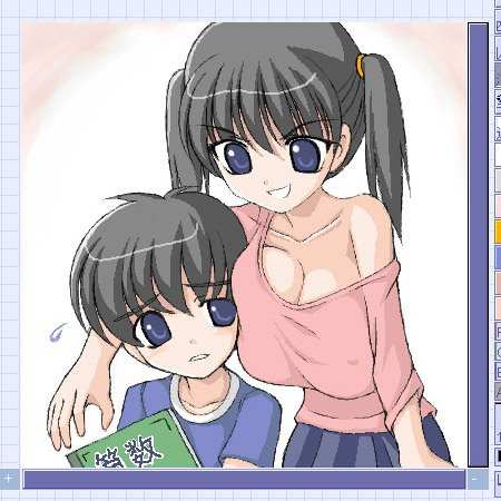 black_hair blue_eyes book breast_press breasts brother_and_sister huge_breasts incest large_breasts lowres miteinano short_hair tied_hair twintails