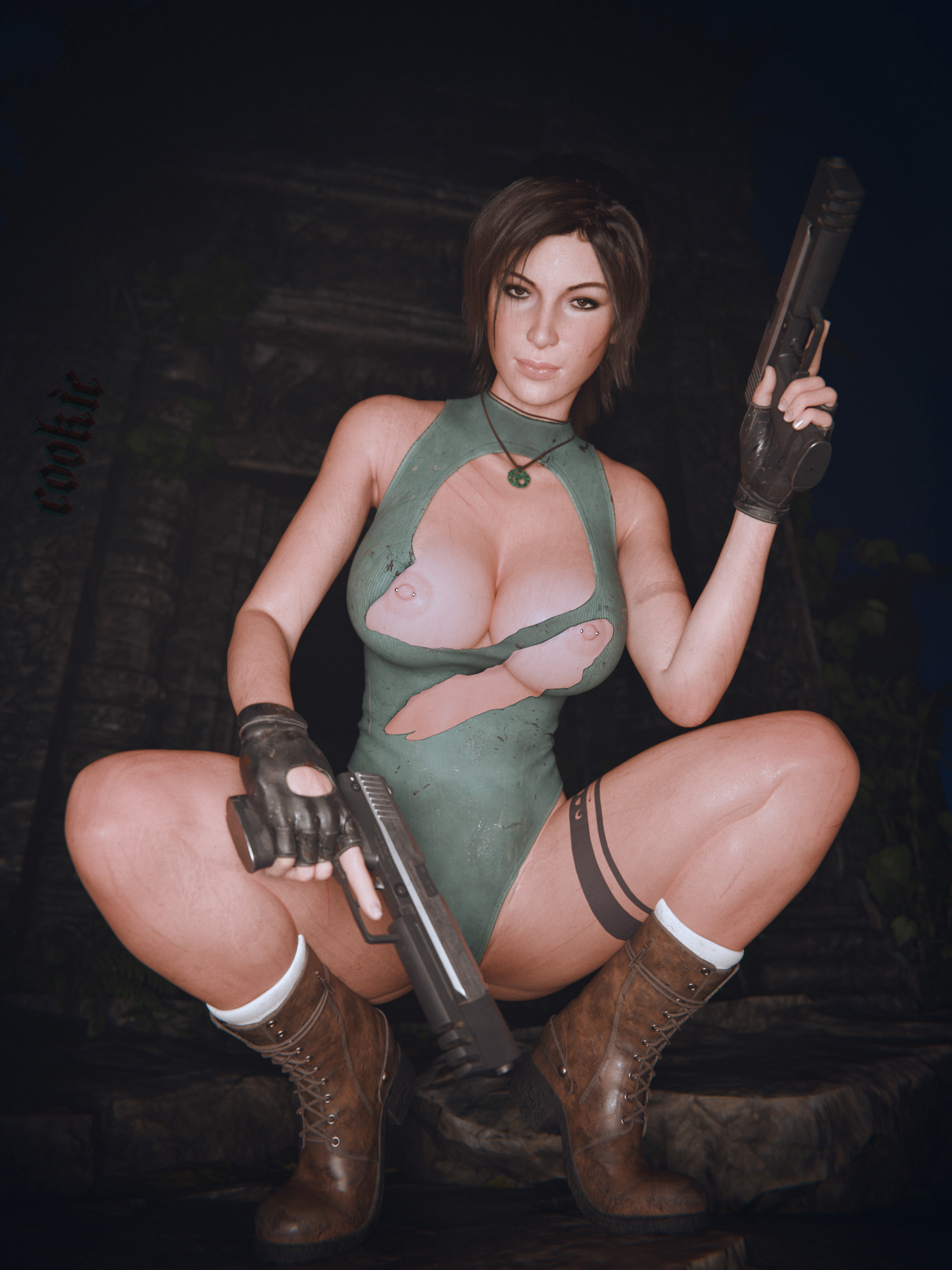 1girls, 3d, areolae, big breasts, boots, breasts, brown eyes, brown hair, cleavage, cookie 3d, dirty, dual wielding, female, female only, gloves, gun, lara croft, lara croft (survivor), leotard, light skin, light-skinned female, necklace, nipple piercing, nipple slip, nipples, piercing, pistol, solo, squatting, tattoo, tomb raider, tomb raider (survivor), torn clothes, wardrobe malfunction, weapon