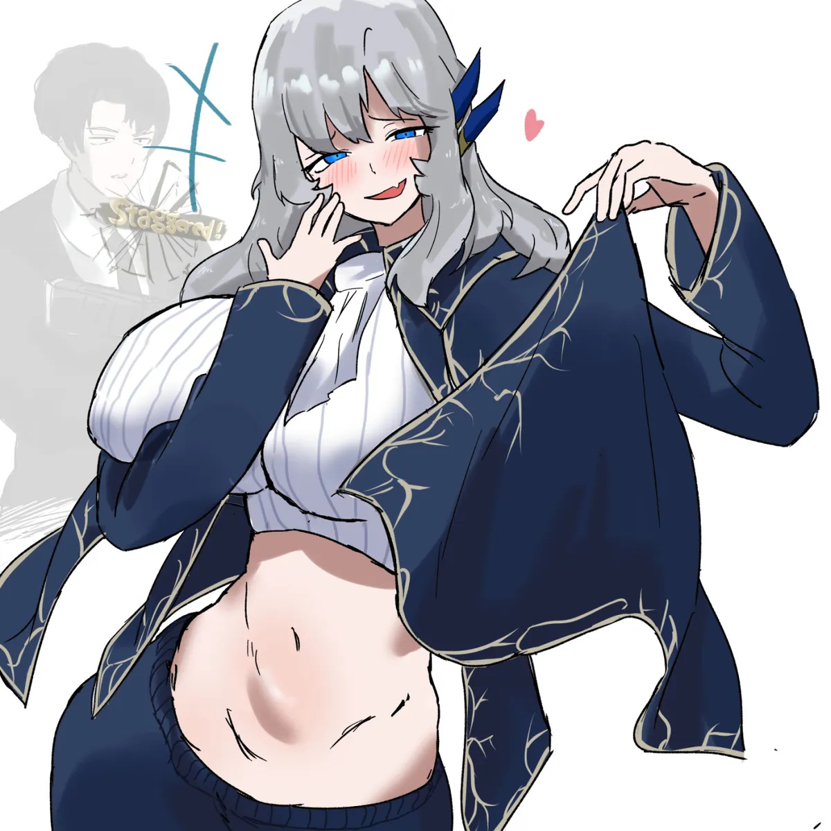 1boy, 1girls, amused, amused expression, argalia, belly button, black pants, blue cape, blue eyes, blue jacket, blush, blush lines, blushing, breasts, cape, earpiece, genderbend, golden trim, grey hair, hair ornament, jabot, jacket, large breasts, library of ruina, lifting, lifting clothes, lifting clothing, lifting own clothes, long gray hair, long grey hair, long hair, pelvic line, pelvic lines, project moon, roland, roland (library of ruina), ruffled, rule 63, short jacket, showing belly, smile, smiling at viewer, tagme