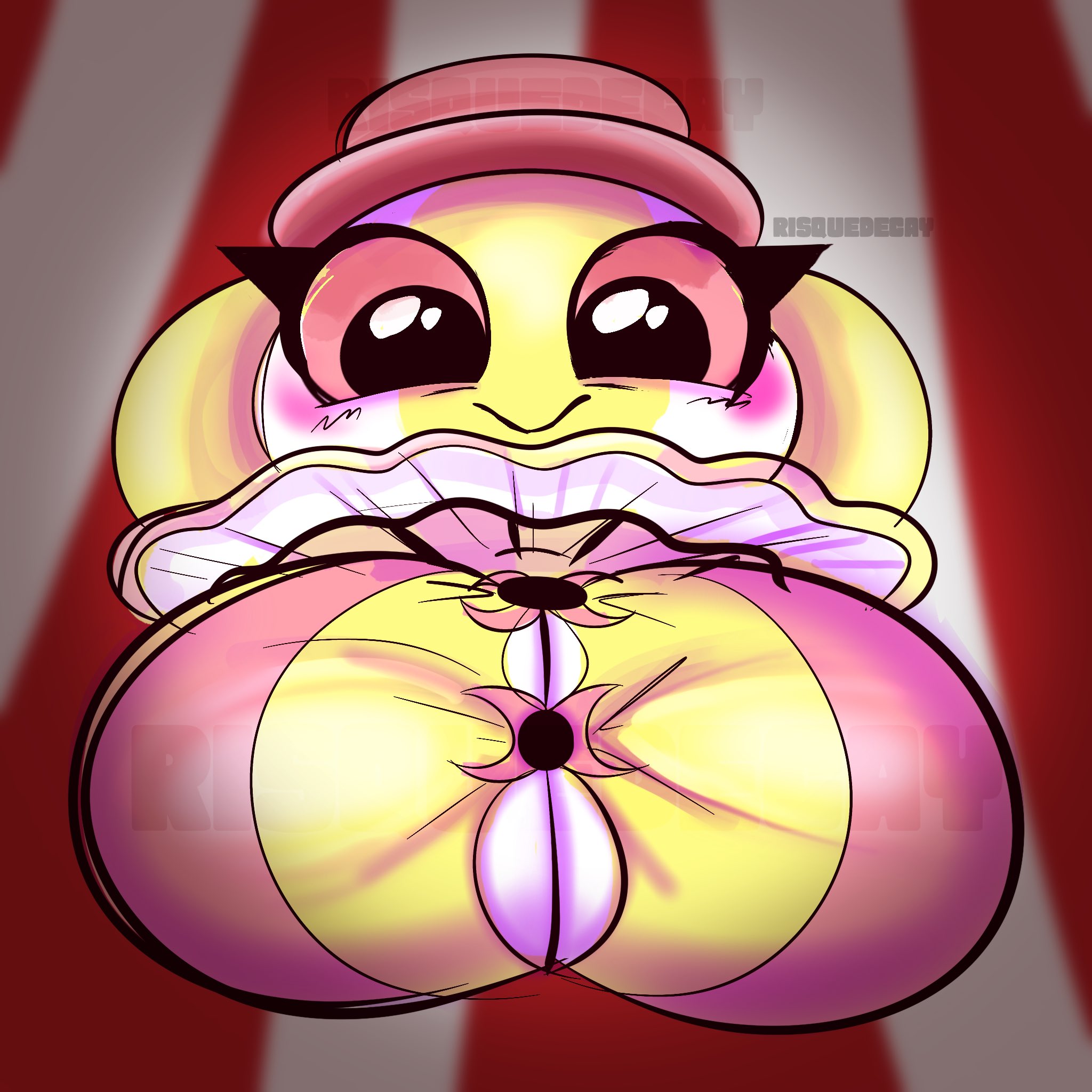 barely contained, barely contained breasts, big breasts, clown girl, endacopia, multicolored body, pink eyes, risquedecay, trapezist (endacopia)