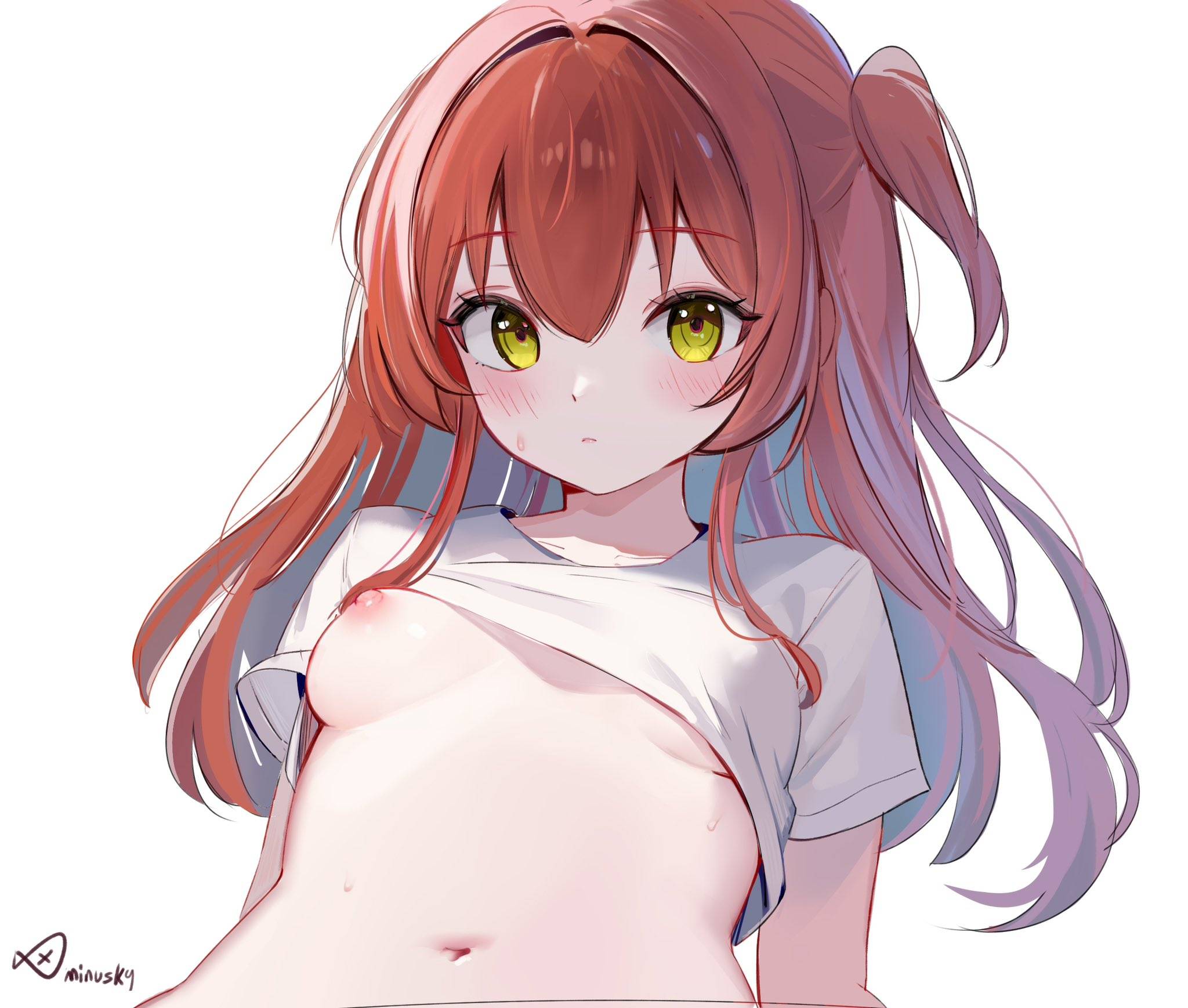 ///, 1girls, 2d, 2d (artwork), 2d artwork, alternate version, alternate version at source, alternate version available, alternative version, alternative version available, anime, anime character, areola, areolae, asian, asian female, asian girl, background, bare belly, bare midriff, bare navel, bare skin, belly, belly button, blank background, blush face, blush lines, blushing, blushing at viewer, blushing female, blushing lines, bocchi the rock!, breasts, breasts apart, clothes, clothes aside, cloverworks, collarbone, color, colored, digital, digital art, digital drawing, digital drawing (artwork), digital media, digital media (artwork), drawing, exposed belly, exposed midriff, exposed navel, exposed skin, eye-level view, eyebrows visible through hair, fanart, female, female focus, female only, female protagonist, flushed, flushed cheeks, flushed face, from front, front view, green eyes, green-eyed female, hair between eyes, hair censor, high school student, inframammary fold, japanese, japanese female, japanese girl, kita ikuyo, landscape, lean figure, long hair, looking at viewer, lower body out of frame, main character, manga character, midriff, monotone background, more at source, narrow waist, navel, nipple bulge, nipples, one color background, one side up, petite, petite body, petite breasts, petite female, petite girl, petite tits, pink areola, pink areolae, pink nipples, plain background, protagonist, qyminusk9, red hair, red-haired female, redhead, redhead female, school girl, shirt, shirt aside, shoulders, slender body, slender waist, slim female, slim waist, small areola, small areolae, small boobs, small breasts, small nipples, small tits, solid color background, solo, teen girl, teenage girl, teenager, tiny breasts, tiny tits, top view, topwear, topwear aside, underboob, upper body, white background, white clothes, white shirt, white topwear, young female, young woman