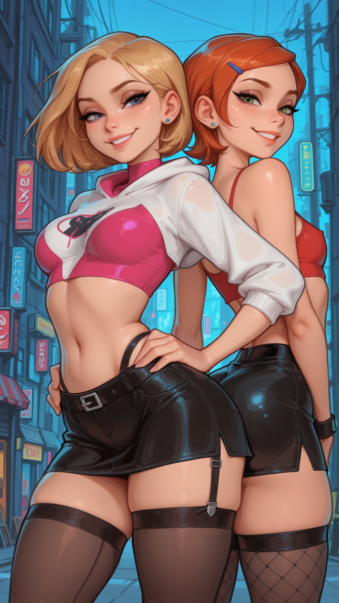 2girls, ai generated, ben 10, crossover, eraofmeat, female, female only, gwen stacy, gwen tennyson, marvel, meat master, multiple girls, skirt, spider-man (series), teenage girl, teenage prostitute