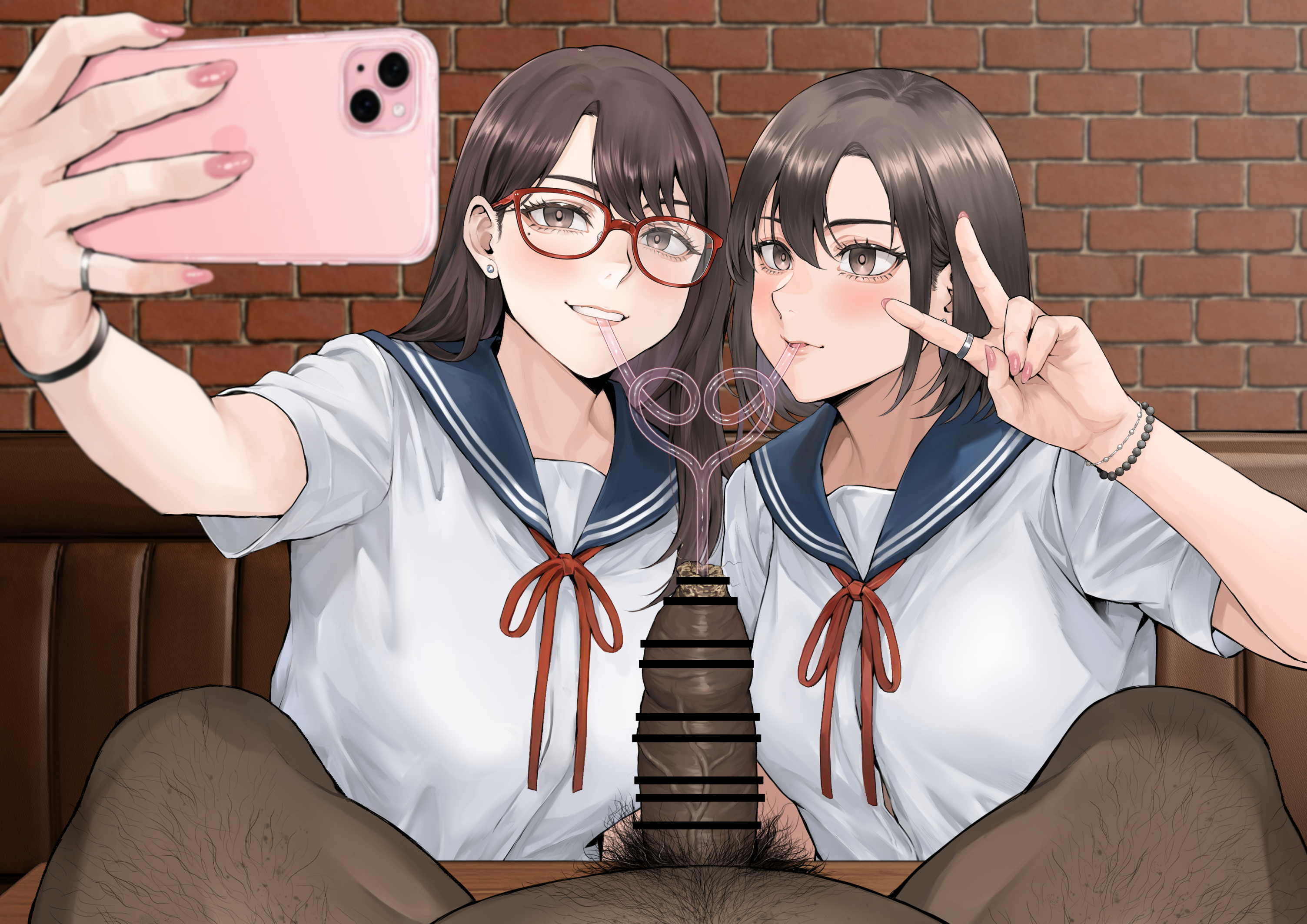 2026, 2d, 2girls, bracelet, brick wall, brown eyes, brown hair, censored, dark-skinned male, foreskin, glasses, hairy male, happy trail, mole under eye, no10 direct, original, peace sign, penis, phone, pink phone, pubic hair, ring, sailor collar, schoolgirl uniform, selfie, smegma, straw, tagme