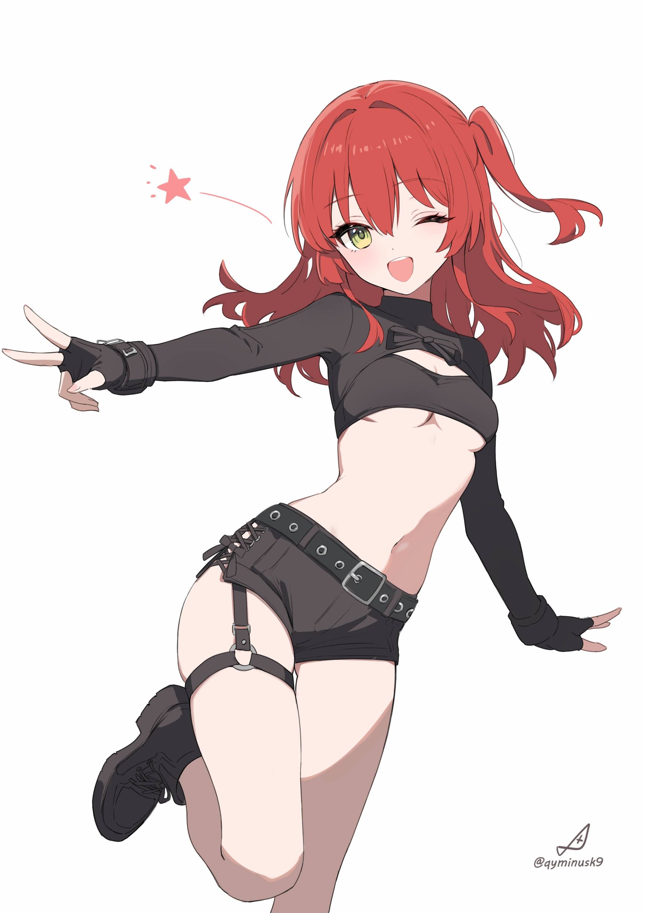 ;), 1girls, 2d, 2d (artwork), 2d artwork, anime, anime character, asian, asian female, asian girl, ass, background, bare belly, bare calves, bare knees, bare legs, bare midriff, bare navel, bare skin, bare thighs, belly, belly button, black bottomwear, black crop top, black fingerless gloves, black footwear, black gloves, black handwear, black shoes, black shorts, black thighband, black topwear, blank background, bocchi the rock!, bottomwear, breasts, cloverworks, color, colored, crop top, cropped shirt, curvaceous, curvaceous body, curvaceous female, curvaceous figure, curvaceous hips, curvaceous teenager, curvy, curvy body, curvy female, curvy figure, curvy hips, curvy teen, digital, digital art, digital drawing, digital drawing (artwork), digital media, digital media (artwork), drawing, exposed belly, exposed legs, exposed midriff, exposed navel, exposed skin, exposed thighs, eye closed, eye-level view, eyebrows visible through hair, eyes, fanart, female, female focus, female only, female protagonist, fingerless gloves, fingernails, fingers, foot out of frame, footwear, from front, front view, gloves, green eyes, green-eyed female, groin, hair between eyes, hair intakes, handwear, head tilt, high school student, hips, inframammary fold, japanese, japanese female, japanese girl, kita ikuyo, knees, lean figure, long hair, looking at viewer, main character, manga character, midriff, monotone background, narrow waist, navel, one color background, one eye closed, one eye open, one side up, open mouth, open mouth smile, parted lips, peace sign, petite, petite body, petite breasts, petite female, petite girl, petite tits, plain background, portrait, protagonist, qyminusk9, red hair, red-haired female, redhead, redhead female, school girl, shoes, shorts, shoulders, sign, slender body, slender waist, slim female, slim waist, small boobs, small breasts, small tits, smile, smiley face, smiling, smiling at viewer, solid color background, solo, standing, teen girl, teenage girl, teenager, thighband, thighs, thighstrap, tilted head, tiny breasts, tiny tits, tongue, top view, topwear, underboob, upper body, upper teeth, v, v sign, white background, wide hips, wink, winking, winking at viewer, winking eye, young female, young woman