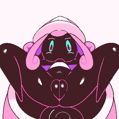 1girls, 2026, accurate body type, accurate proportions, black body, black skin, blue eyes, bottomless, female, female focus, female only, generation 7 pokemon, legendary pokemon, legs, legs apart, lowres, nintendo, no humans, on back, pink hair, pokemon, pokemon (species), presenting, pussy, shiny, shiny skin, slem, solo, solo female, tapu lele, twitter link