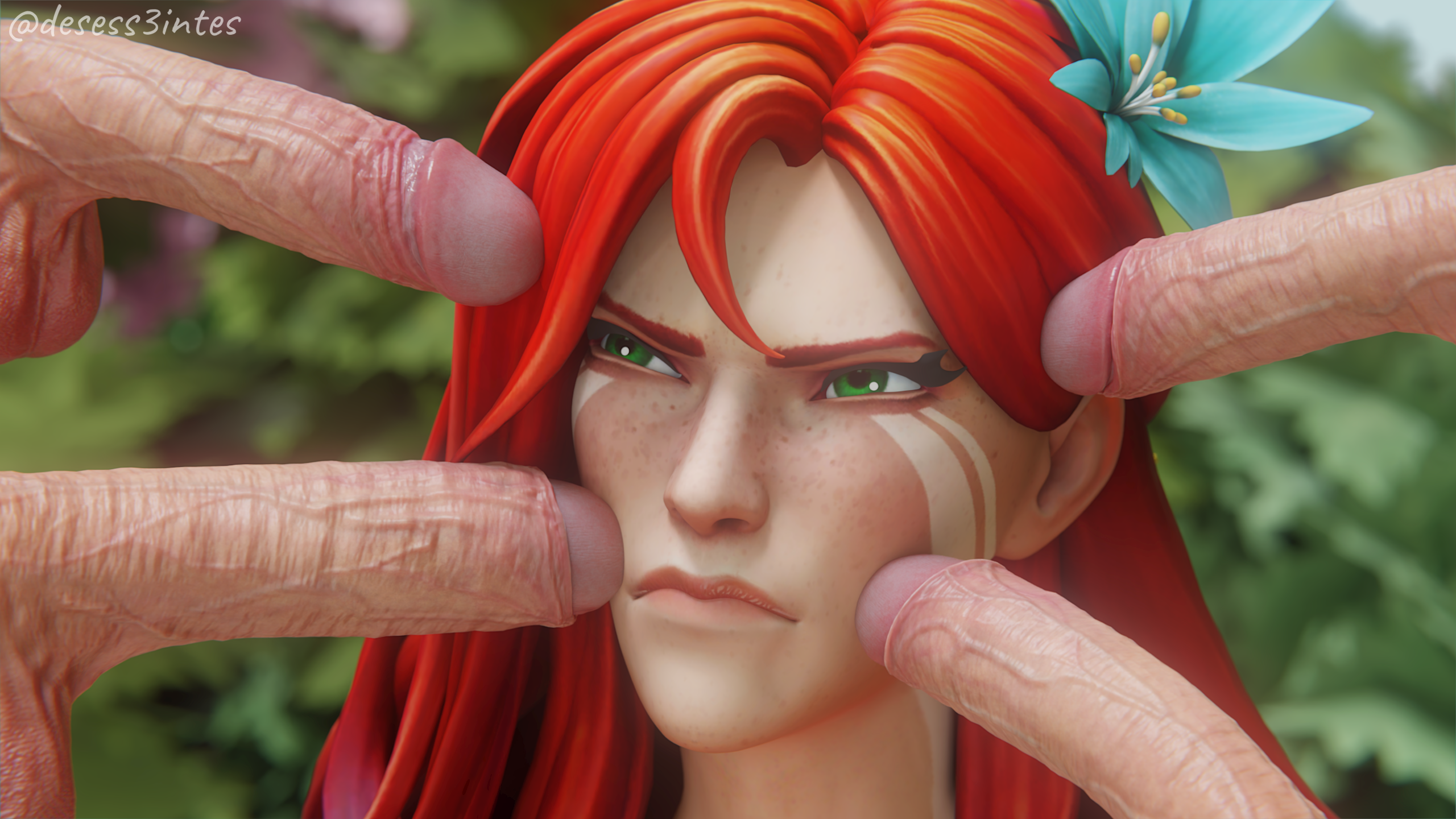 1girls, 2026, 3d, 4 penises, 4boys, angry expression, angry face, before oral, before sex, big penis, blender, blender (software), close-up, desess3intes, dota 2, face close-up, female, green eyes, light skin, light-skinned female, light-skinned male, meme, meme reference, multiple penises, penis, penis on face, red hair, redhead, redline surrounded by guns (meme), spine, spine (game), straight, surrounded by penises, tagme, windranger