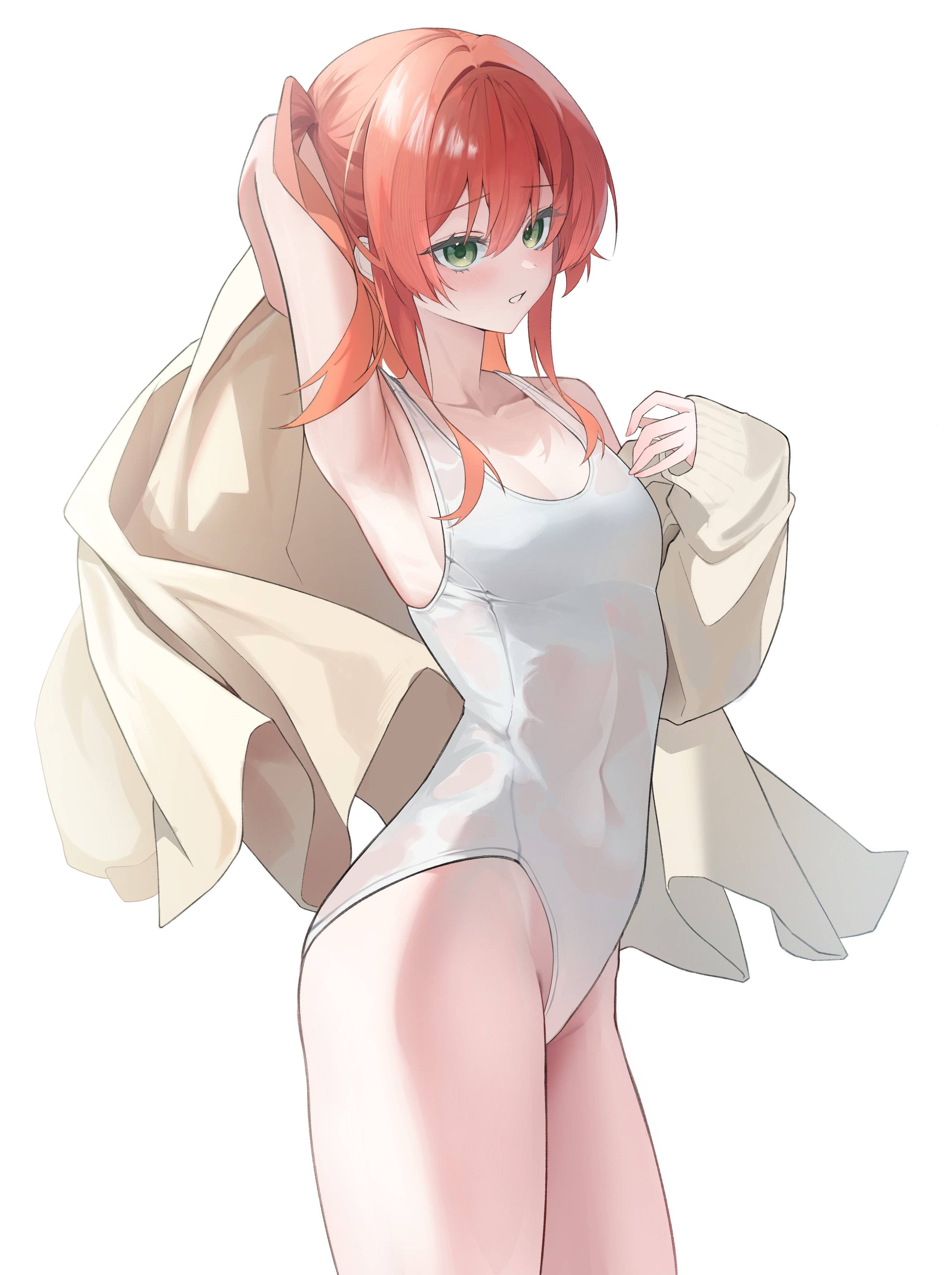 1girls, 2d, 2d (artwork), 2d artwork, anime, anime character, arm behind head, armpit, armpit crease, armpit focus, armpit peek, armpits, asian, asian female, asian girl, background, bare armpits, bare arms, bare hips, bare legs, bare shoulders, bare skin, bare thighs, belly button, bikini, blank background, bocchi the rock!, breasts, cloverworks, collarbone, color, colored, digital, digital art, digital drawing, digital drawing (artwork), digital media, digital media (artwork), drawing, elbows, exposed armpits, exposed arms, exposed hips, exposed legs, exposed shoulders, exposed skin, exposed thighs, eye-level view, eyebrows visible through hair, eyes, fanart, female, female focus, female human, female only, female protagonist, fingers, fit female, from side, green eyes, green-eyed female, groin, hair between eyes, hair intakes, hairless armpits, hand behind head, high school student, human, human female, human only, inframammary fold, inguinal crease, inguinal ligament, japanese, japanese female, japanese girl, kita ikuyo, lean figure, leg out of frame, legs out of frame, linea alba, long hair, main character, manga character, monotone background, narrow waist, navel, one color background, one side up, one-piece swimsuit, plain background, portrait, presenting armpit, protagonist, red hair, red-haired female, redhead, redhead female, school girl, school swimsuit, shaved armpits, shoulders, side view, sidelocks, slender body, slender waist, slim female, slim waist, small breasts, solid color background, solo, standing, sukumizu, swimsuit, swimwear, teen girl, teenage girl, teenager, thick thighs, thighs, three quarter view, three-quarter view, toned, toned belly, toned body, toned female, top view, upper body, white background, white bikini, white one-piece swimsuit, white swimsuit, white swimwear, young female, young woman