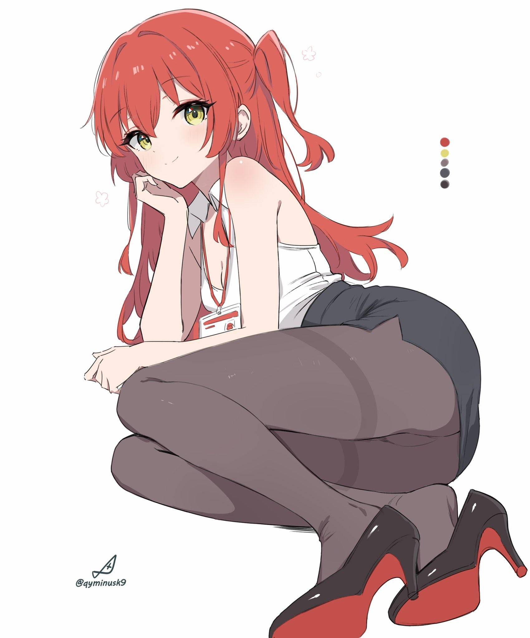 1girls, 2d, 2d (artwork), 2d artwork, anime, anime character, arm support, asian, asian female, asian girl, ass, background, black bottomwear, black footwear, black heels, black high heels, black shoes, black skirt, blank background, bocchi the rock!, bottomwear, breasts, brown legwear, brown pantyhose, brown stockings, brown tights, calves, cleavage, closed mouth smile, clothes, cloverworks, color, colored, digital, digital art, digital drawing, digital drawing (artwork), digital media, digital media (artwork), drawing, eye-level view, eyebrows visible through hair, eyes, fanart, female, female focus, female human, female only, female protagonist, fingers, footwear, from side, full body, full body view, green eyes, green-eyed female, groin, hair between eyes, head tilt, heels, high heels, high school student, hips, human, human female, human only, inguinal crease, inguinal ligament, japanese, japanese female, japanese girl, kita ikuyo, knees, lean figure, legs, legwear, long hair, looking at viewer, lying, lying down, lying on side, main character, manga character, monotone background, narrow waist, office lady, on side, one color background, one side up, pantyhose, pencil skirt, plain background, portrait, posing, posing for the viewer, protagonist, questionable, qyminusk9, red hair, red-haired female, redhead, redhead female, resting arm, school girl, sfw, shirt, shoes, shoulders, side view, sidelocks, sitting, skirt, slender body, slender waist, slim female, slim waist, small breasts, smile, smiley face, smiling, smiling at viewer, solid color background, solo, stockings, teen girl, teenage girl, teenager, thighs, three quarter view, three-quarter view, tights, tilted head, topwear, white background, white clothes, white shirt, white topwear, young female, young woman