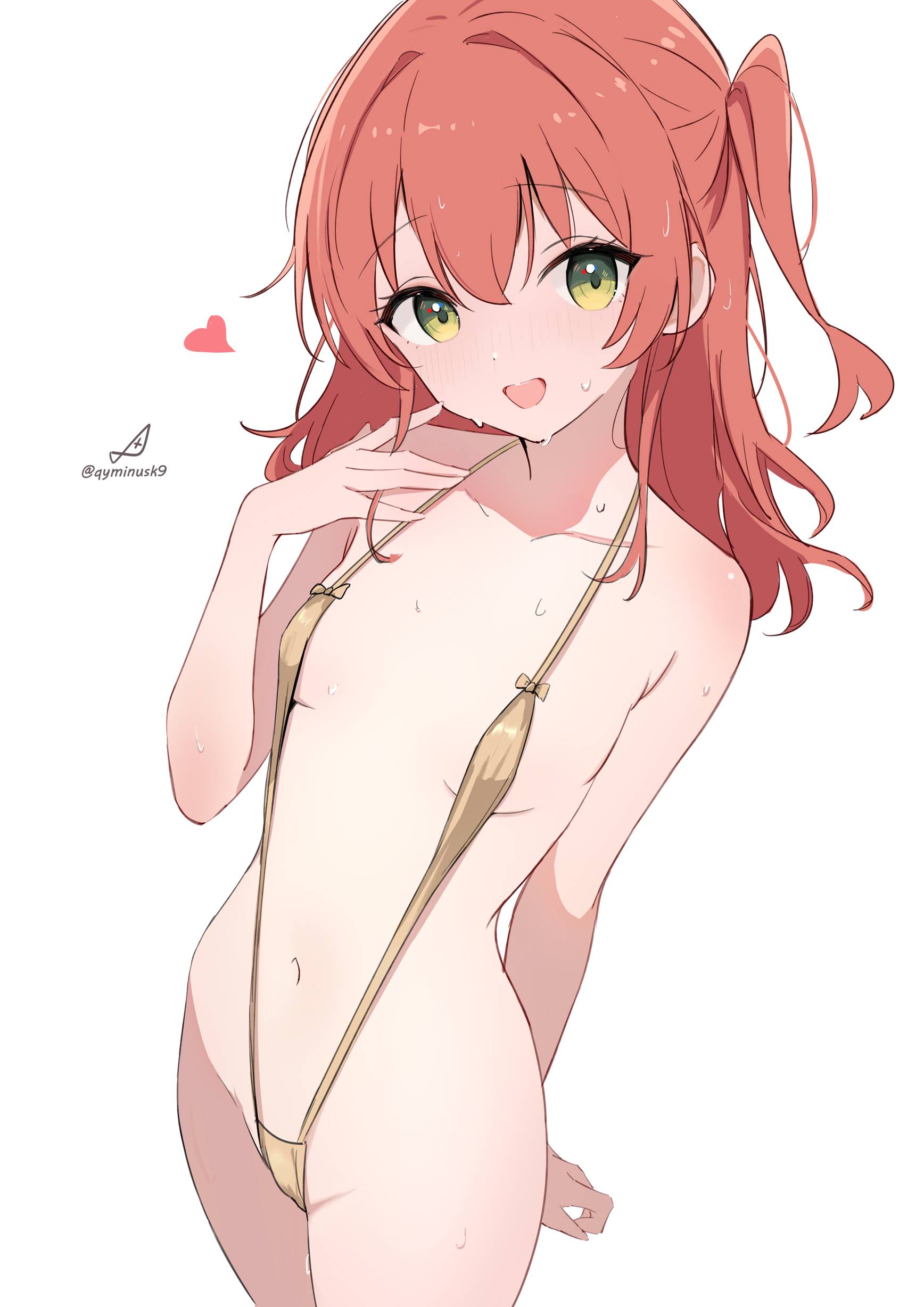 1girls, 2d, 2d (artwork), 2d artwork, above view, anime, anime character, arm behind back, asian, asian female, asian girl, background, bare arms, bare belly, bare chest, bare hands, bare hips, bare legs, bare midriff, bare navel, bare shoulders, bare skin, bare thighs, belly, belly button, bikini, blank background, bocchi the rock!, body sweat, breasts, breasts apart, cloverworks, collarbone, color, colored, curvaceous, curvaceous body, curvaceous female, curvaceous figure, curvaceous hips, curvaceous teenager, curvy, curvy body, curvy female, curvy figure, curvy hips, curvy teen, digital, digital art, digital drawing, digital drawing (artwork), digital media, digital media (artwork), drawing, elbows, exposed arms, exposed belly, exposed chest, exposed hips, exposed legs, exposed midriff, exposed navel, exposed shoulders, exposed skin, exposed thighs, eyebrows visible through hair, fanart, female, female focus, female only, female protagonist, fingers, flat belly, flat breasts, flat chest, flat chested, from above, from above view, from front, front view, gold bikini, gold one-piece swimsuit, gold swimsuit, gold swimwear, green eyes, green-eyed female, groin, hair between eyes, hair intakes, hand behind back, head tilt, heart, high angle, high angle view, high school student, high-angle shot, high-angle view, hips, inframammary fold, inguinal crease, inguinal ligament, japanese, japanese female, japanese girl, kita ikuyo, lean figure, leg out of frame, legs out of frame, long hair, looking at viewer, looking up, looking up at viewer, main character, manga character, midriff, monotone background, narrow waist, navel, nipple bulge, one color background, one side up, one-piece swimsuit, open mouth, open mouth smile, parted lips, petite, petite body, petite breasts, petite female, petite girl, petite tits, plain background, portrait, posing, posing for the viewer, posing naked, posing nude, protagonist, qyminusk9, red hair, red-haired female, redhead, redhead female, school girl, shoulders, sidelocks, skimpy bikini, slender body, slender waist, slim female, slim waist, sling bikini, slingshot swimsuit, small boobs, small breasts, small tits, smile, smiley face, smiling, smiling at viewer, smooth chest, solid color background, solo, standing, sweat, sweat on body, sweat on breasts, sweat on face, sweatdrop, sweating, sweaty, sweaty arms, sweaty body, sweaty breasts, sweaty chest, sweaty face, sweaty female, sweaty skin, swimsuit, swimwear, teen girl, teenage girl, teenager, thighs, three quarter view, three-quarter view, tied hair, tilted head, tiny breasts, tiny tits, tongue, top view, upper body, white background, young female, young woman