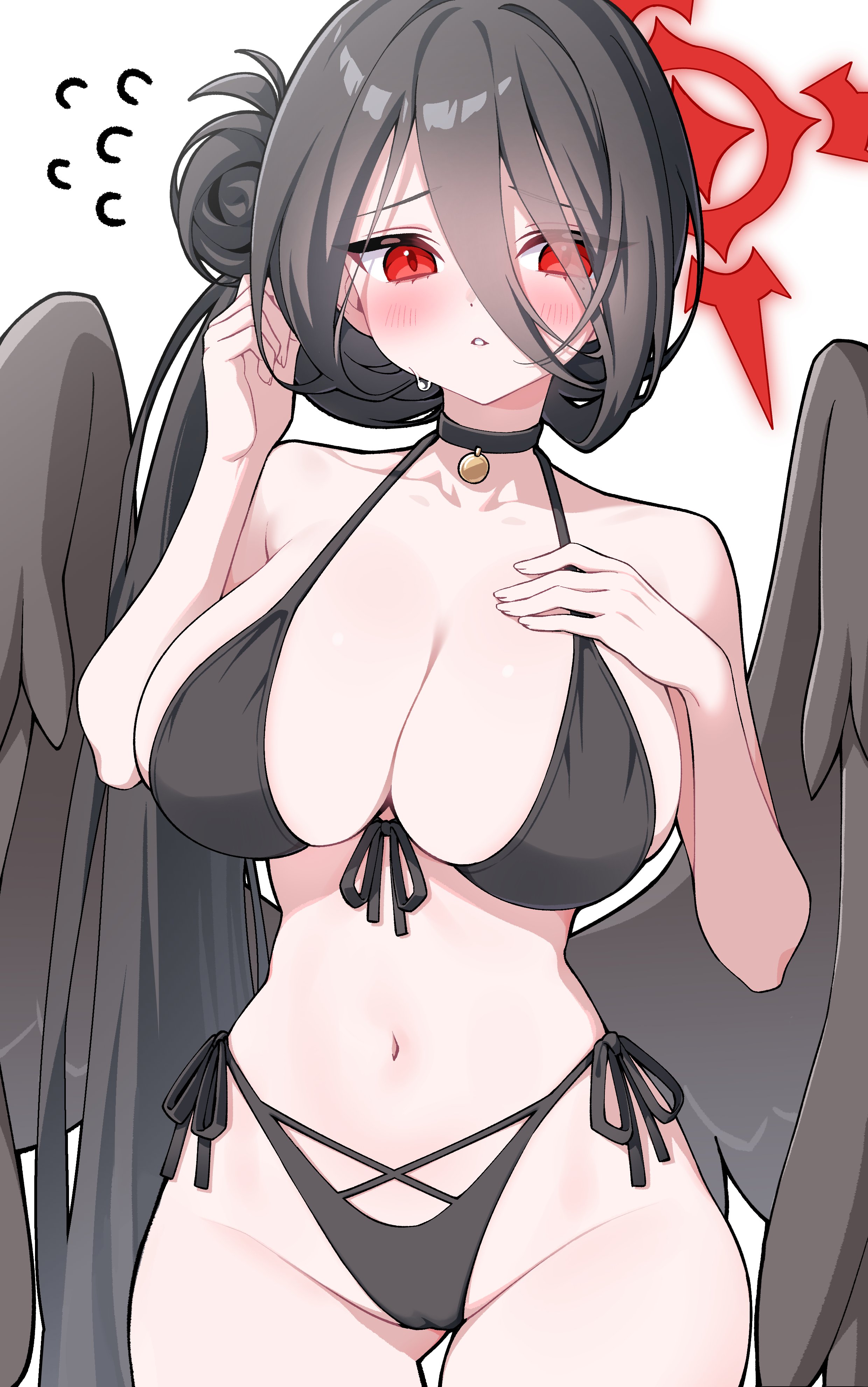 1girl, absurdres, bare arms, bare shoulders, bikini, black bikini, black choker, black hair, black wings, blue archive, blush, breasts, choker, commentary, cowboy shot, dot nose, embarrassed, eyes visible through hair, feathered wings, flying sweatdrops, front-tie bikini top, front-tie top, furrowed brow, gluteal fold, hair between eyes, hair bun, halo, hand on own chest, hand up, hasumi (blue archive), hasumi (swimsuit) (blue archive), highleg, highleg bikini, highres, large breasts, long hair, long hair between eyes, looking at viewer, low wings, mole, mole under eye, navel, official alternate costume, official alternate hairstyle, oversized wings, parted lips, pendant choker, red eyes, red halo, side-tie bikini bottom, simple background, single side bun, solo, standing, sweat, swimsuit, untranslatable commentary, very long hair, white background, wings