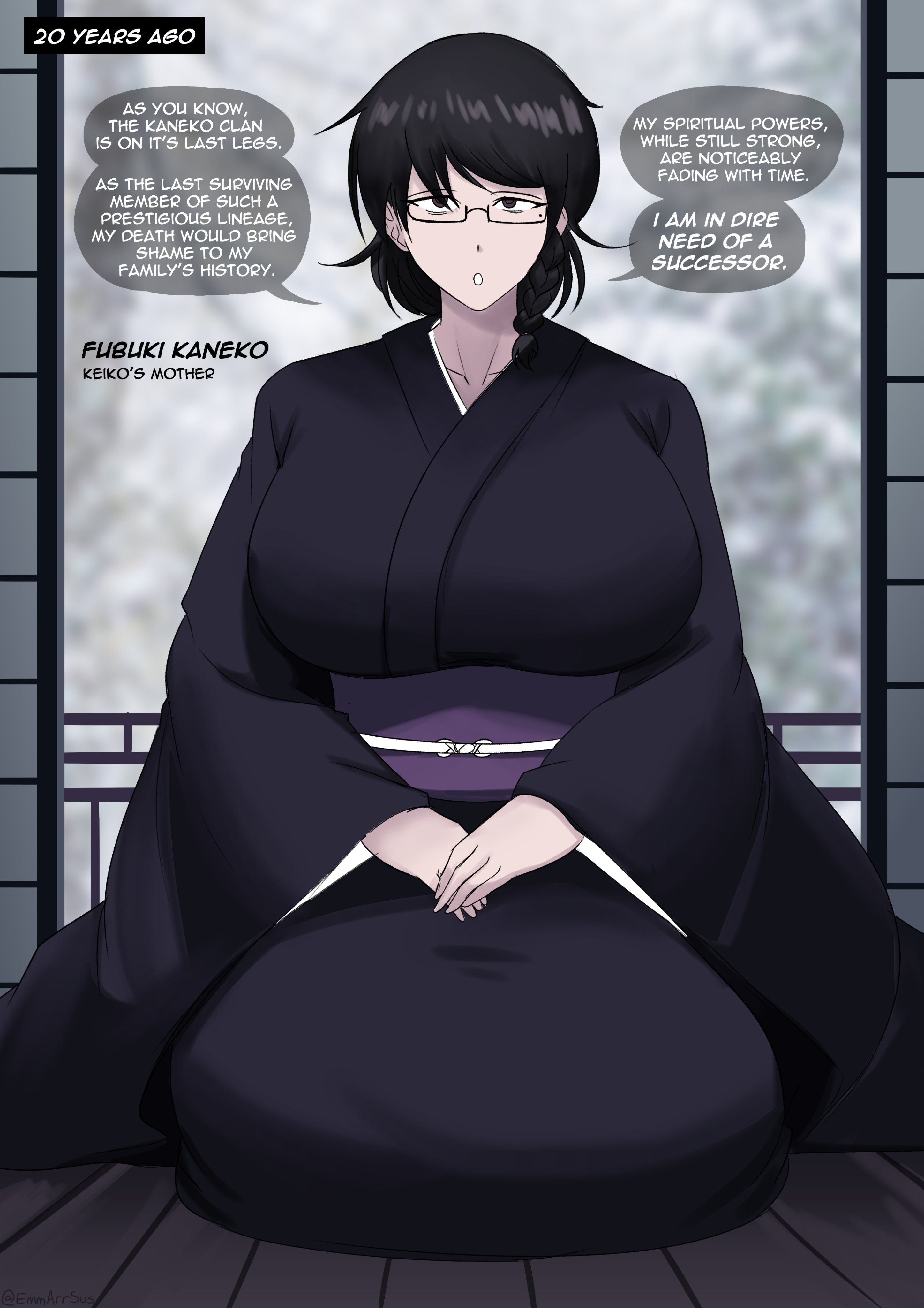 asian, asian female, braid, emmarrgus, english text, fubuki (emmarrgus), glasses, imminent sex, impregnation request, japanese clothes, japanese female, kimono, large breasts, milf, mole, mole under eye, original, original character, seiza, shouji, speech bubble
