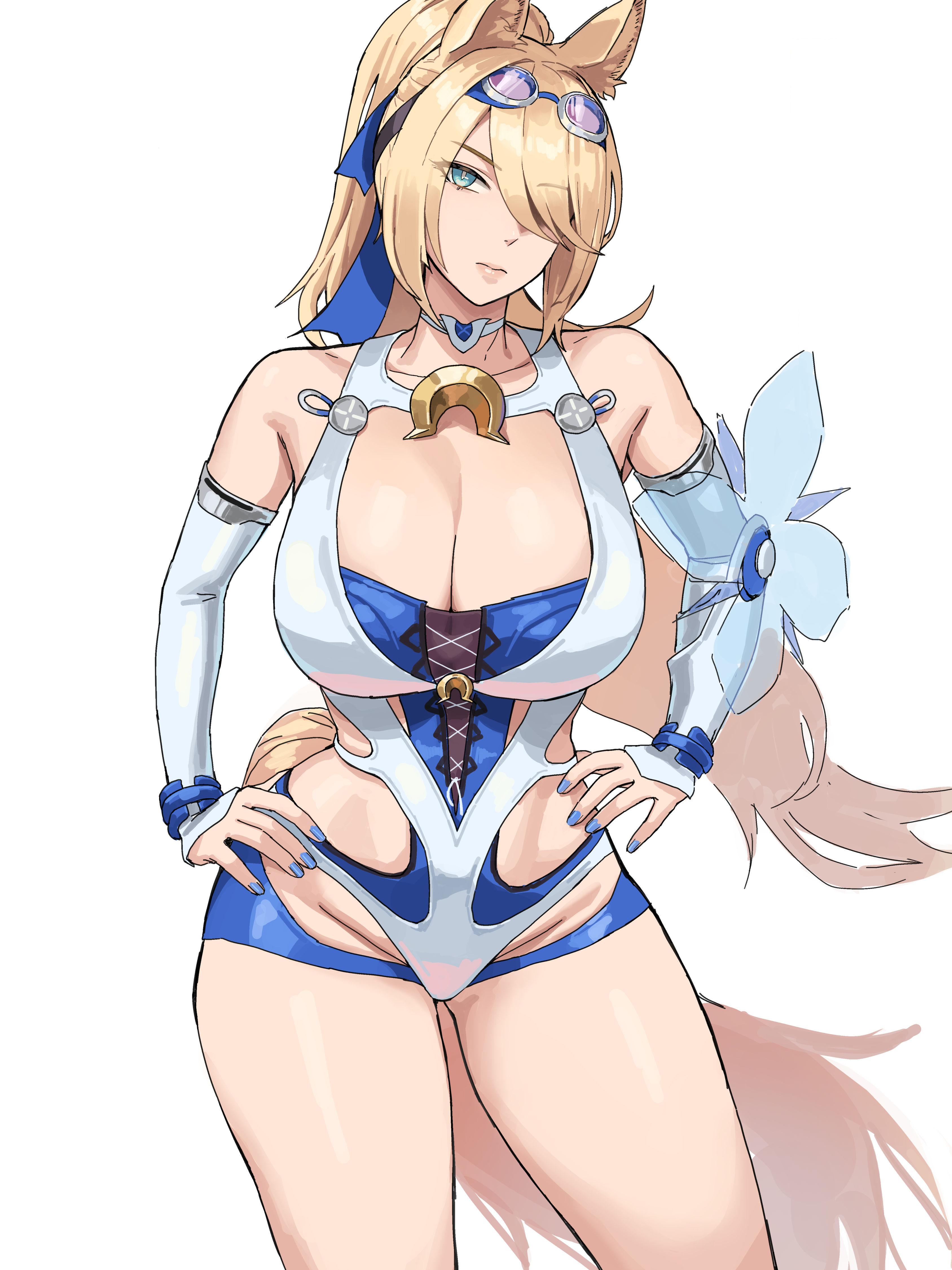 1girls, animal ears, animal humanoid, blonde hair, blue eyes, blue nails, cleavage, clothed, colored nails, female, female only, goggles, goggles on head, hands on hips, horse ears, horse girl, horse tail, horseshoe ornament, kemonomimi, ksksksa, large breasts, long hair, long nails, looking at viewer, nail polish, official alternate costume, one eye obstructed, painted nails, pinup, pinup pose, ponytail, revealing clothes, sigrid (zenless zone zero), sigrid de l'azur, sigrid de l'azur (majestic wavechaser), thick thighs, thighs, thighs bigger than head, white background, zenless zone zero