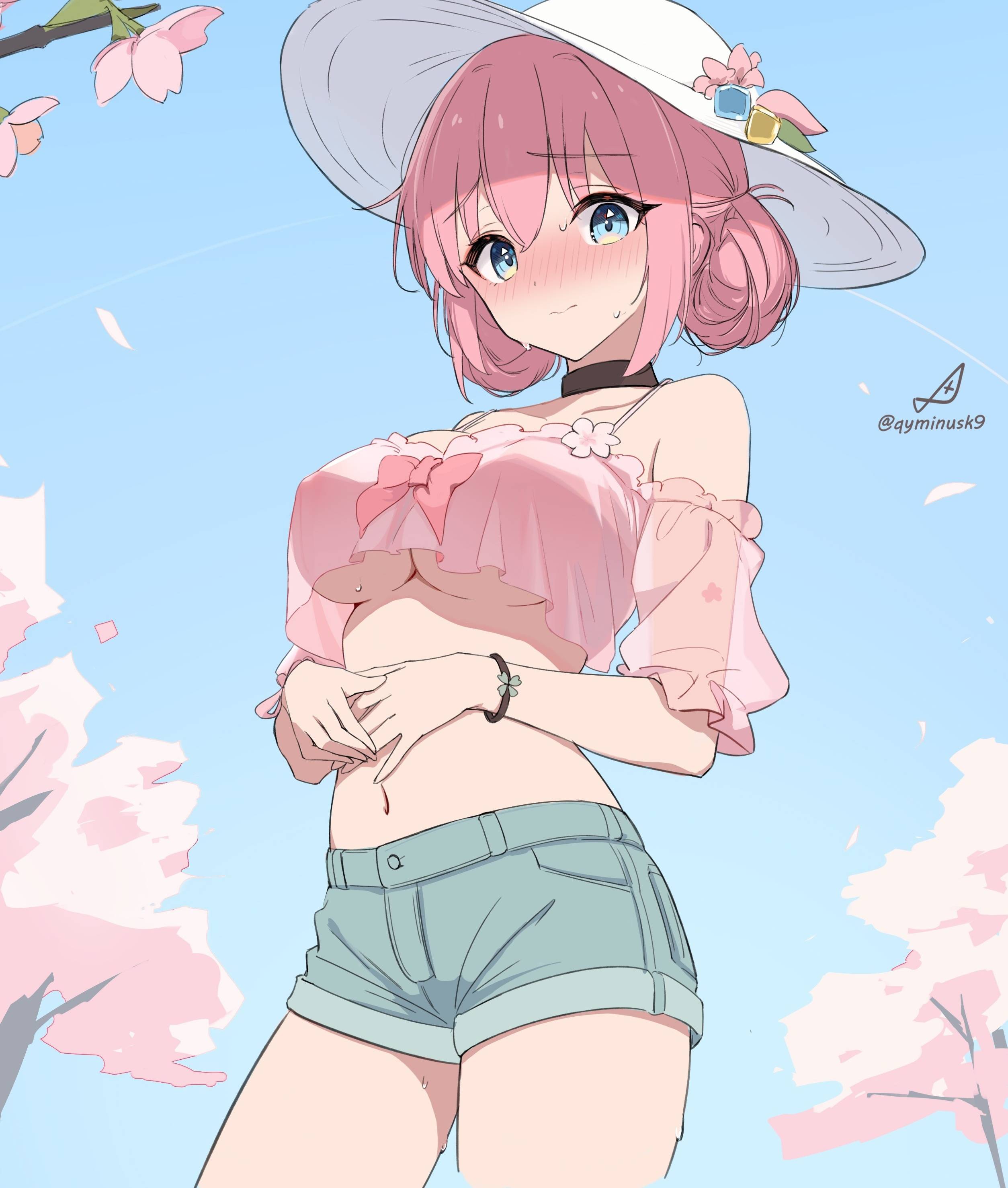 ///, 1girls, 2d, 2d (artwork), 2d artwork, anime, anime character, asian, asian female, asian girl, bare arms, bare belly, bare hands, bare legs, bare midriff, bare navel, bare shoulders, bare skin, bare thighs, beach hat, belly, belly button, below view, big boobs, big breasts, black choker, blue eyes, blue shorts, blue sky background, blue-eyed female, blush face, blush lines, blushing, blushing at viewer, blushing female, blushing lines, bocchi the rock!, breasts, busty, busty female, busty girl, busty teen, busty teenager, choker, cloverworks, collarbone, color, colored, day, daylight, daytime, digital, digital art, digital drawing, digital drawing (artwork), digital media, digital media (artwork), double bun, down angle, drawing, elbows, embarrassed, embarrassed exposed female, embarrassed expression, embarrassed female, exposed arms, exposed belly, exposed legs, exposed midriff, exposed navel, exposed shoulders, exposed skin, exposed thighs, eyebrows visible through hair, fanart, female, female focus, female only, female protagonist, fingers, flushed, flushed cheeks, flushed face, flustered, flustered female, from below, from below view, from front, front view, gotou hitori, groin, guitarist, hair between eyes, hair bun, hair ornament, hand on belly, hand on own belly, hand on own stomach, hand on stomach, hands on belly, hands on own belly, hands on own stomach, hands on stomach, hat, high school student, hips, inframammary fold, japanese, japanese female, japanese girl, jean shorts, large boobs, large breasts, lean figure, leg out of frame, legs out of frame, looking at viewer, looking down, looking down at viewer, low angle, low angle view, low-angle shot, low-angle view, main character, manga character, midriff, narrow waist, navel, nervous, nervous expression, nervous face, nervous female, nipple bulge, outdoor, outdoor background, outdoors, outside, pink hair, pink-haired female, portrait, protagonist, qyminusk9, school girl, shorts, shoulders, shy, shy expression, shy female, shy girl, sidelocks, sky background, slender body, slender waist, slim female, slim waist, solo, standing, teen girl, teenage female, teenage girl, teenage tits, teenager, thighs, three quarter view, three-quarter view, tied hair, top view, touching belly, touching own belly, touching own stomach, touching stomach, twin buns, under view, underboob, upper body, white hat, young female, young woman