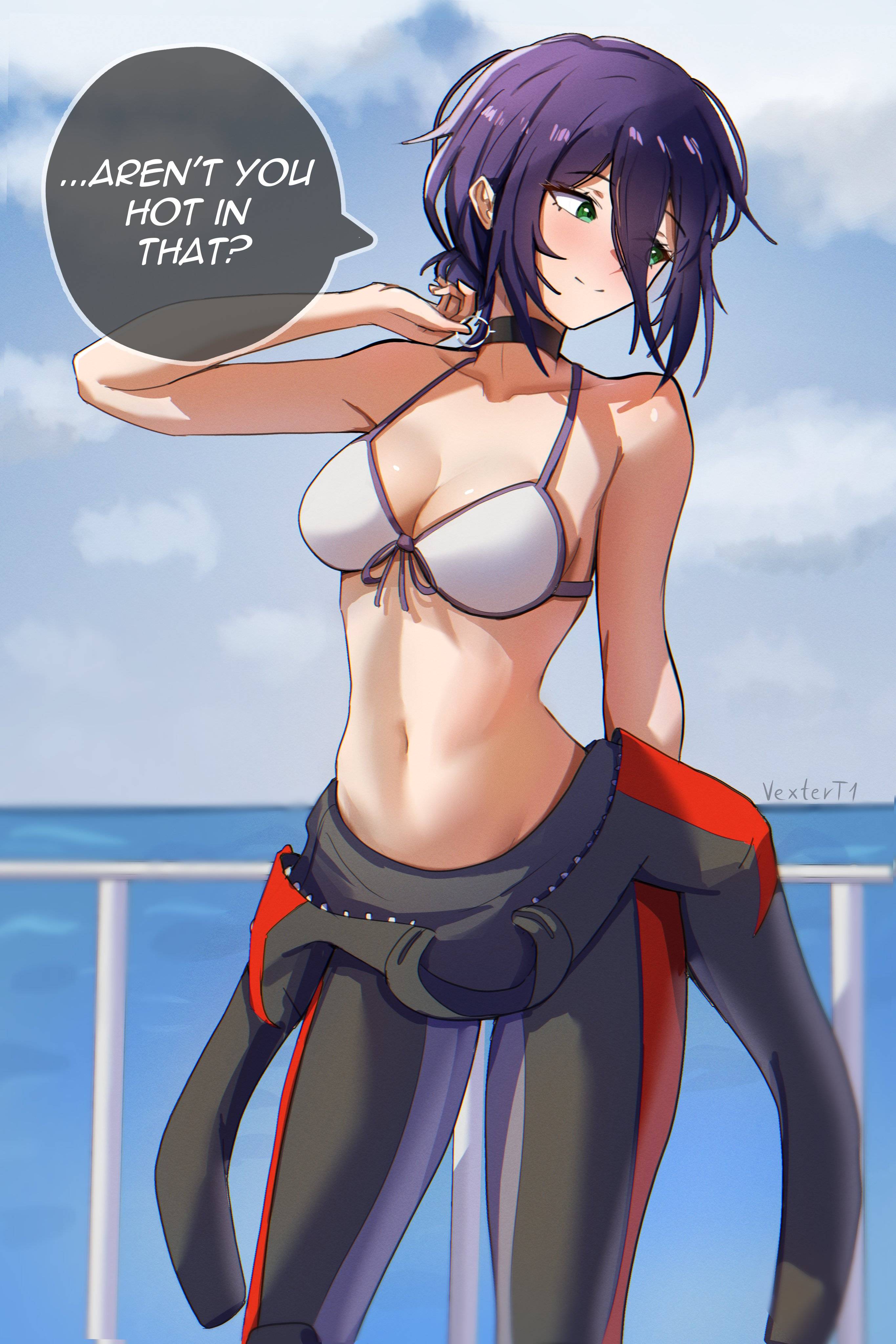 1girls, 2d, 2d (artwork), 2d artwork, alternate body type, alternate breast size, alternate breast size (larger), alternative breast size, anime, anime character, arm behind back, arm up, armpit, armpit crease, armpit peek, armpits, bare armpits, bare arms, bare belly, bare chest, bare hands, bare midriff, bare navel, bare shoulders, bare skin, belly, belly button, bikini, bikini only, bikini top, black bodysuit, black choker, black hair, black neckwear, black-haired female, blue sky, blue sky background, bodysuit, breasts, busty, busty female, busty girl, busty teen, busty teenager, chainsaw man, choker, cleavage, closed mouth smile, clouds, collarbone, color, colored, conversation, day, daylight, daytime, dialogue, dialogue bubble, dialogue speech bubble, digital, digital art, digital drawing, digital drawing (artwork), digital media, digital media (artwork), diving suit, drawing, elbows, english, english dialogue, english text, european, european female, european girl, exposed armpits, exposed arms, exposed belly, exposed chest, exposed midriff, exposed navel, exposed shoulders, eye-level view, eyebrows visible through hair, eyes, fanart, female, female focus, female only, fingers, fit female, from front, front view, front-tie bikini, front-tie bikini top, glistening boobs, glistening breasts, glistening hair, glistening shoulders, glistening skin, glossy breasts, glossy hair, green eyes, green-eyed female, grenade pin, hair between eyes, hair bun, hairless armpits, halterneck, hand behind back, hand up, head tilt, hourglass figure, inaccurate proportions, incorrect body type, large breasts, lean figure, leg out of frame, legs out of frame, light smile, linea alba, long hair, manga character, mappa, midriff, narrow waist, navel, neckwear, ocean background, outdoor, outdoor background, outdoor nudity, outdoors, outside, outside nudity, portrait, posing, posing for the viewer, posing naked, posing nude, reze (chainsaw man), russian, russian female, russian girl, sea, sea background, seaside, shaved armpits, shiny breasts, shiny hair, shiny shoulders, shiny skin, shonen jump, shoulders, shueisha, sidelocks, sky, sky background, slender body, slender waist, slight smile, slim female, slim waist, smile, smiley face, smiling, solo, speaking, speaking to another, speaking to partner, standing, stomach, string bikini, swimsuit, swimwear, talking, talking to another, talking to partner, teenage tits, text, text bubble, thigh gap, thighs, tied hair, tilted head, toned, toned belly, toned body, toned female, top view, upper body, weekly shonen jump, white bikini, white bikini top, white swimsuit, white swimwear, wide hips
