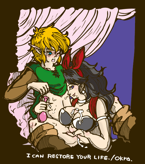 1boy black_hair bottle bottomless breasts crazy_tracy cum earrings english_text female hair_ribbon jewelry large_breasts link link's_awakening long_hair male nintendo okra_(artist) paizuri penis potion ribbon spread_legs straight text the_legend_of_zelda wince