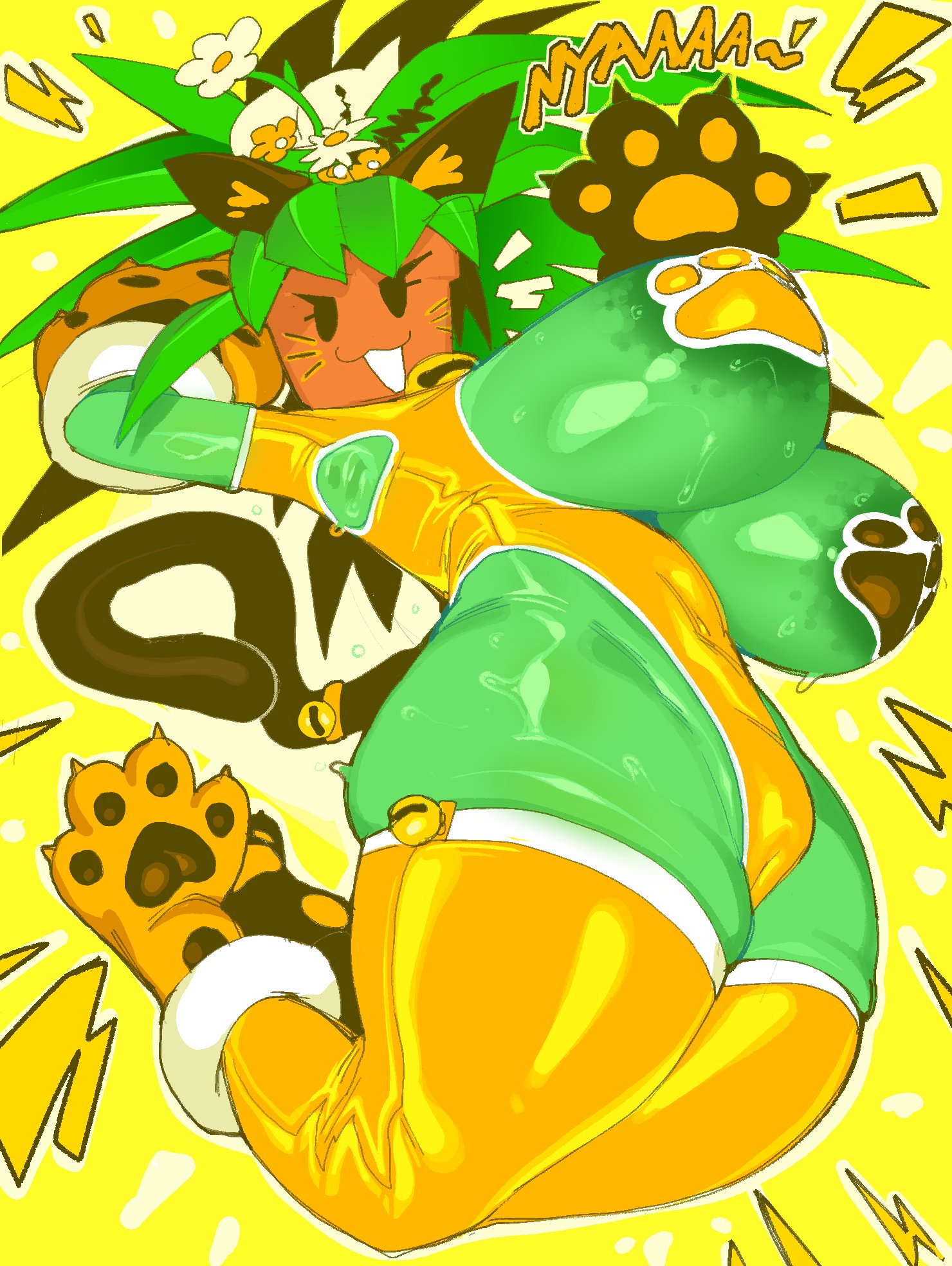 1girls, armpits, big breasts, blaster master, blush, blush stickers, breasts, breasts out, cameltoe, cat ears, cat paws, cat tail, erect nipples, erect nipples under clothes, exposed armpits, female, flora fauna, flower, goatboydraws, green body, green skin, huge breasts, kanna (blaster master), mound of venus, pasties, plant, plant girl, skindentation, solo, solo female, sweat, sweating, sweaty, sweaty body, sweaty breasts, thick thighs, thigh highs, thighhighs, tight clothing, underboob