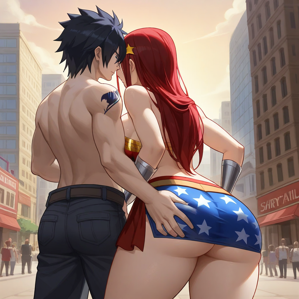 1boy 1girls ai_generated ass black_hair breasts city cosplay costume couple erza_scarlet fairy_tail gray_fullbuster red_hair sensual sexy wonder_woman