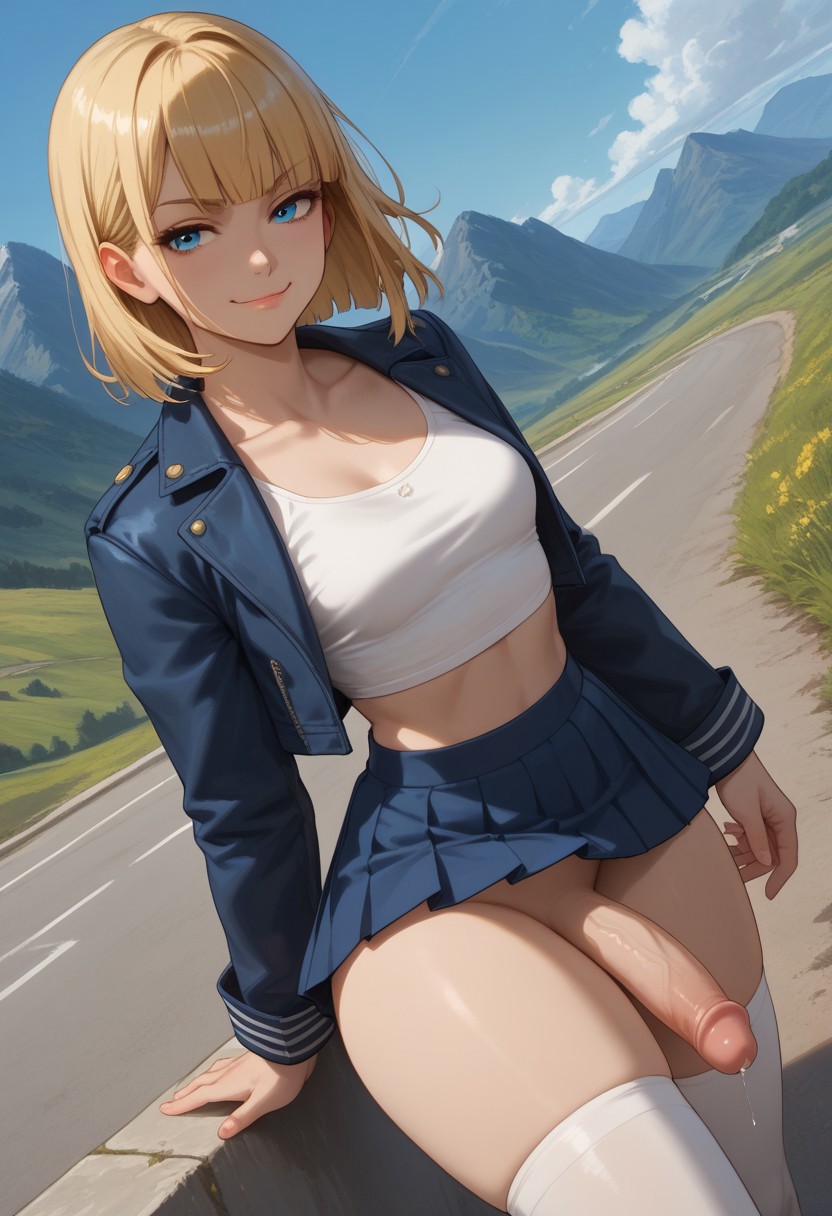 1futa ai_generated balls blonde_hair blue_eyes crop_top dutch_angle flaccid futa_only futanari hime_cut jacket jamesbron large_penis legwear looking_at_viewer medium_hair no_panties penis pleated precum_drip skindentation skirt small_breasts smug solo solo_futa standing thighhighs thighs white_legwear white_thighhighs wide_hips