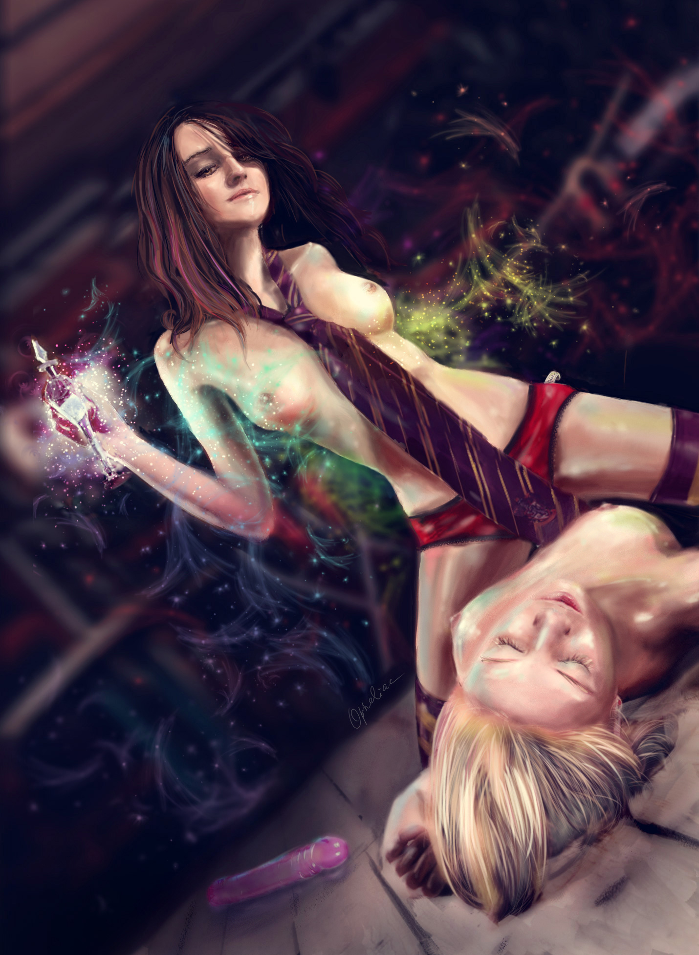 2girls, blonde hair, breasts, brown hair, closed eyes, cowgirl position, dildo, emma watson, evanna lynch, female, female only, floor, girl on bottom, gryffindor, harry potter, hermione granger, hogwarts, hourglass figure, lesbian, luna lovegood, magic, medium breasts, mist, multiple females, multiple girls, nipples, panties, potion, ravenclaw, stockings, tie, witch (harry potter), yuri