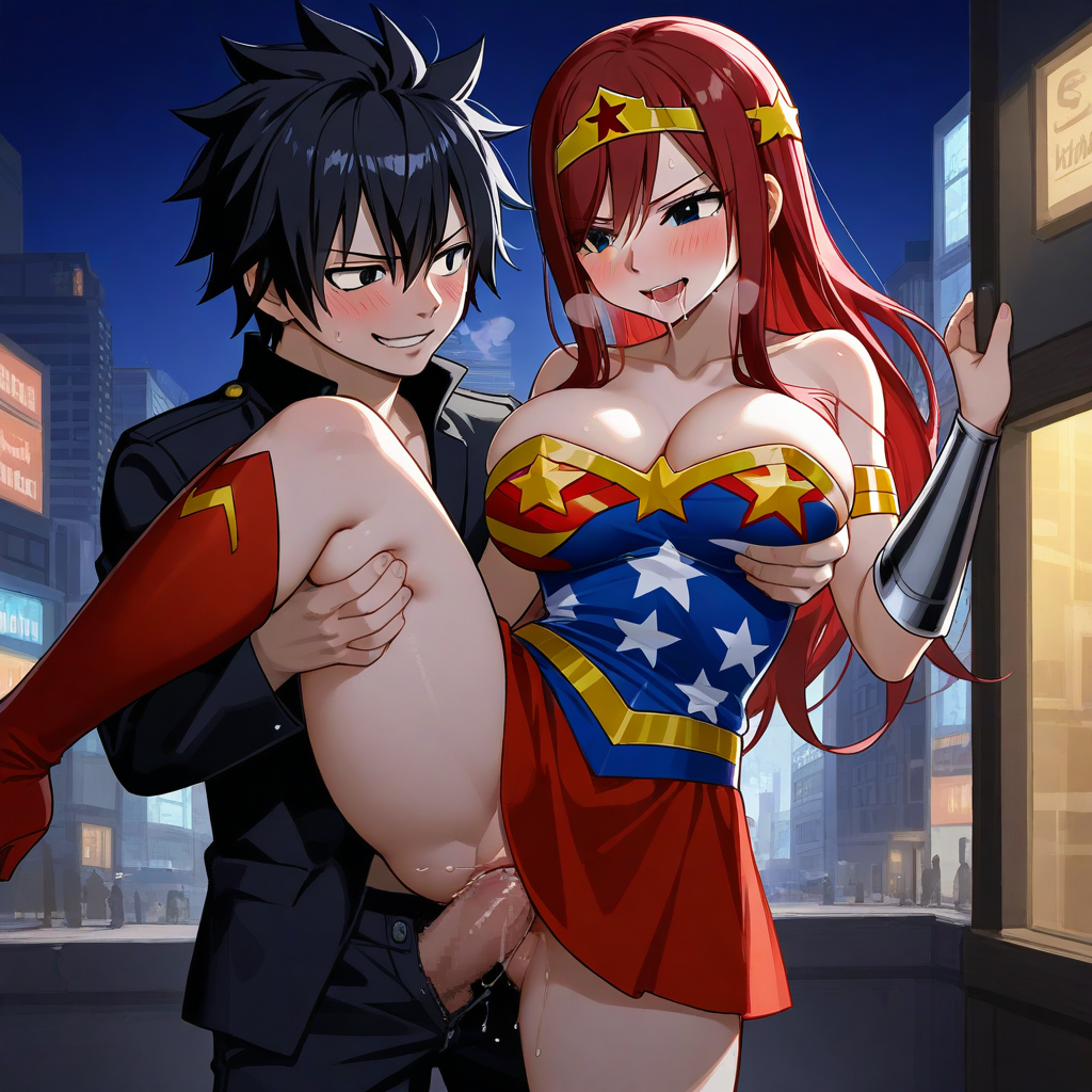 1boy 1girls ai_generated ass black_hair breasts city cosplay costume couple erza_scarlet fairy_tail gray_fullbuster red_hair sensual sexy wonder_woman