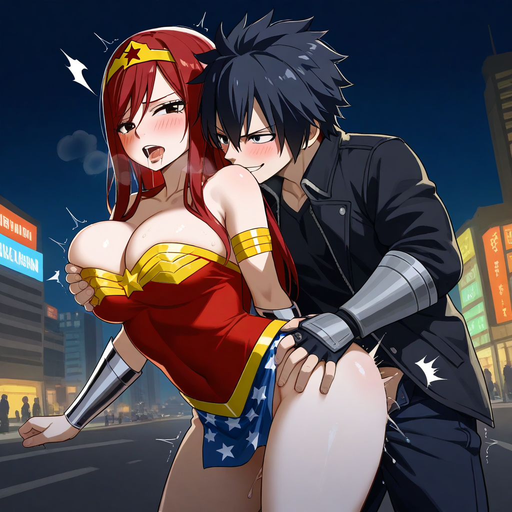 1boy 1girl ai_generated ass black_hair breasts city cosplay costume couple erza_scarlet fairy_tail gray_fullbuster red_hair sensual sexy wonder_woman