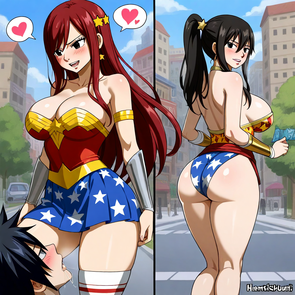 1boy 1girl ai_generated ass black_hair breasts city cosplay costume couple erza_scarlet fairy_tail gray_fullbuster red_hair sensual sexy wonder_woman