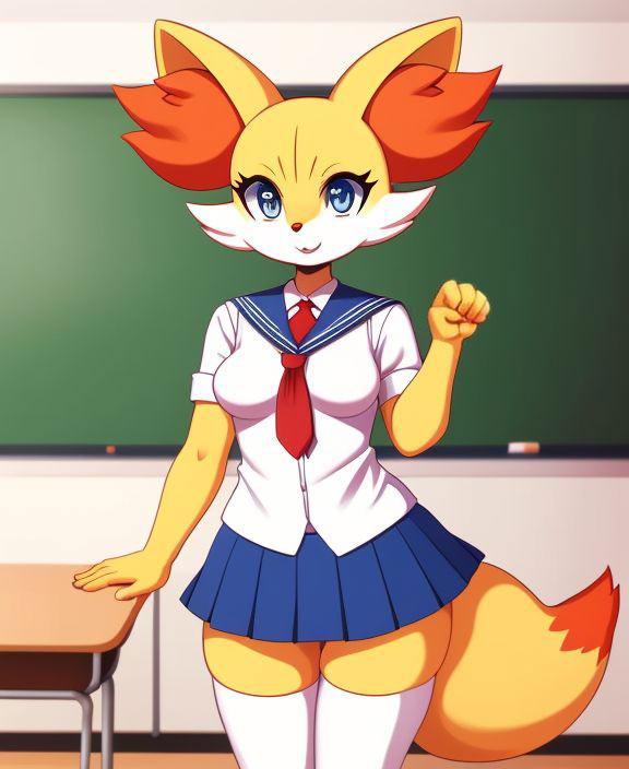 ai_generated anthro cinder-ace-burn female female_only fennekin pokemon pokemon_(species) school school_uniform stockings