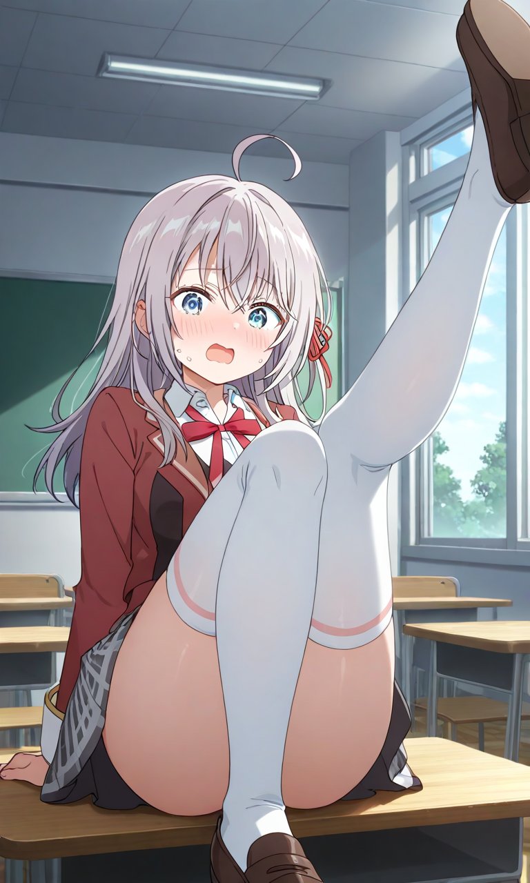 1girls ai_generated alisa_mikhailovna_kujou alya blue_eyes college college_clothing college_girl college_student embarrassed embarrassed_female female female_focus female_only lay-oreo leg_up long_hair russian shoes sugestive sugestive_pose surprised surprised_expression surprised_face tagme thigh_highs thigh_up thighhighs thighs tokidoki_bosotto_russian_de_dereru_tonari_no_alya-san uniform withe_hair young young_girl younger_female