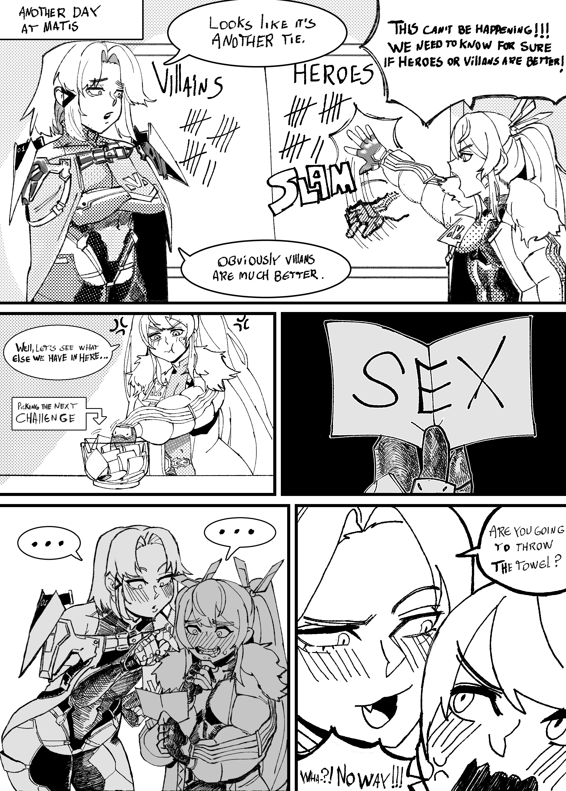 2girls, blush, comic, comic page, drake (nikke), embarrassed, female, goddess of victory: nikke, imminent sex, laplace (nikke), matis (nikke), missilis (nikke), osumaruart, self upload, tension, twintails, yuri