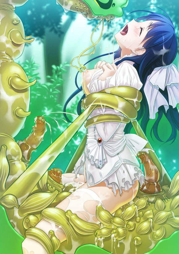 artist_request blue_hair breasts breasts_out caterpillar cowgirl_position dissolving_clothes dress endured_face medium_breasts midori_miso monster rape restrained sex slime tentacle torn_clothes