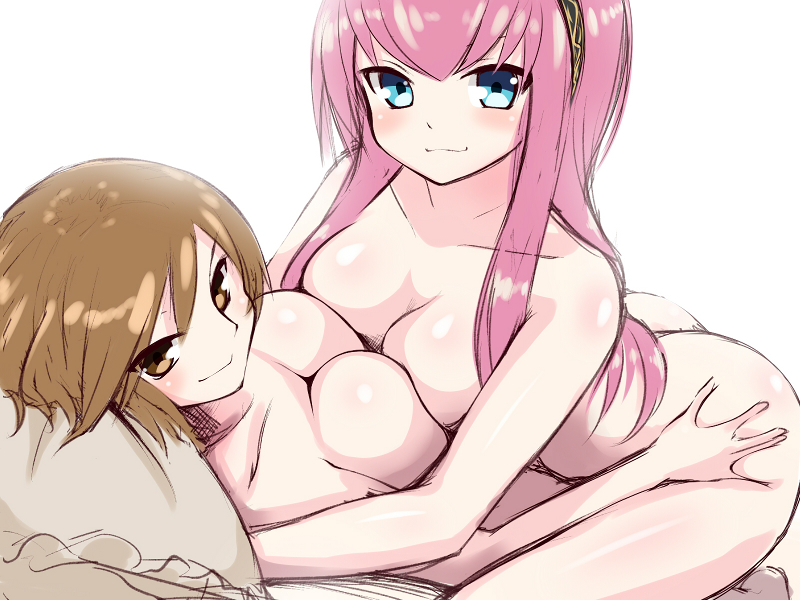 ass blue_eyes breast_press breasts brown_eyes brown_hair dangan_neko female female_only hairband long_hair megurine_luka meiko multiple_girls nude pink_hair short_hair simple_background smile symmetrical_docking vocaloid yuri